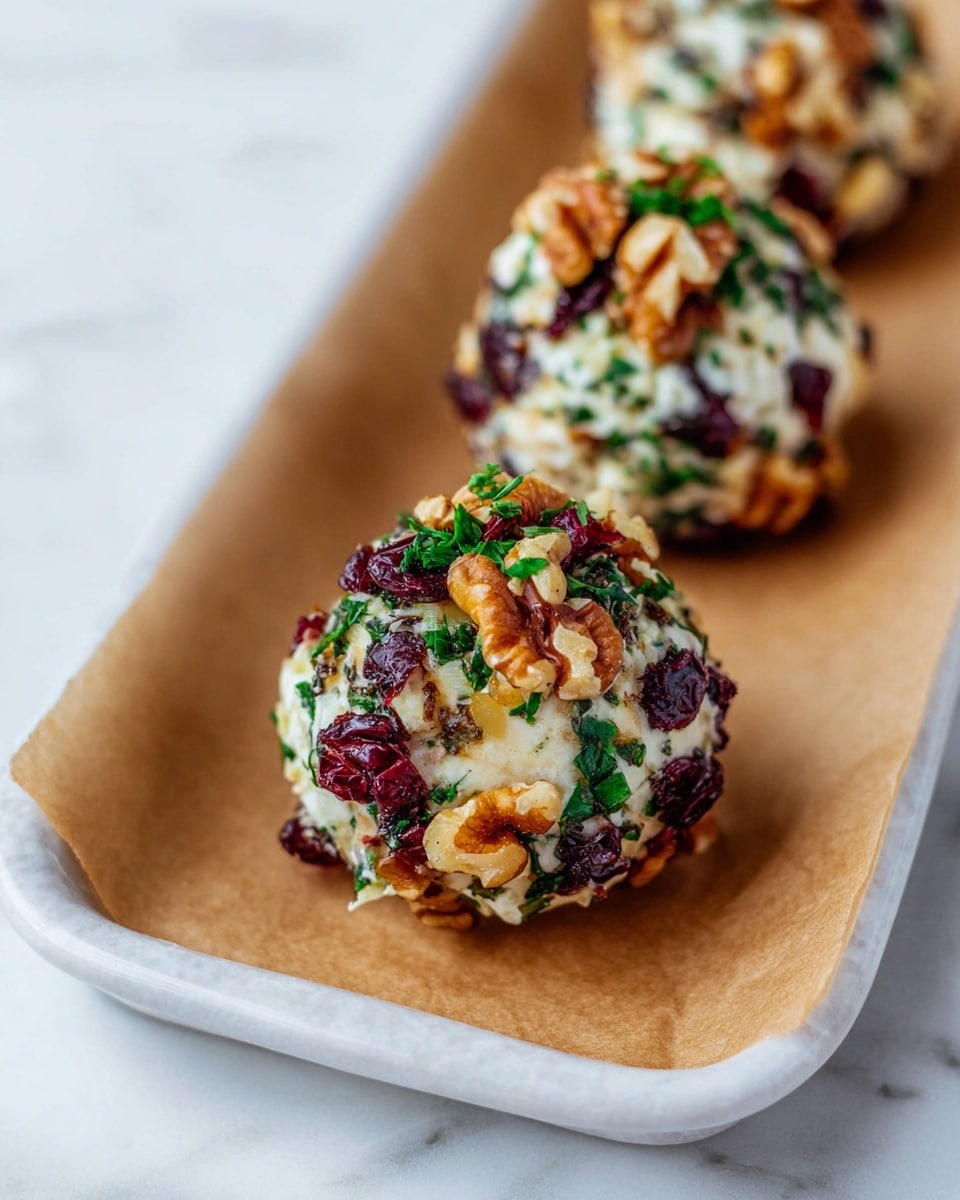 Three small round cheese balls are placed in a row on light brown parchment paper over a white tray. Each ball has a creamy white base and is covered with layers of chopped green herbs, red dried cranberries, and light brown walnut pieces, giving them a textured and colorful look. The background shows a white marbled surface. Photo taken with an iphone --ar 4:5 --v 7
