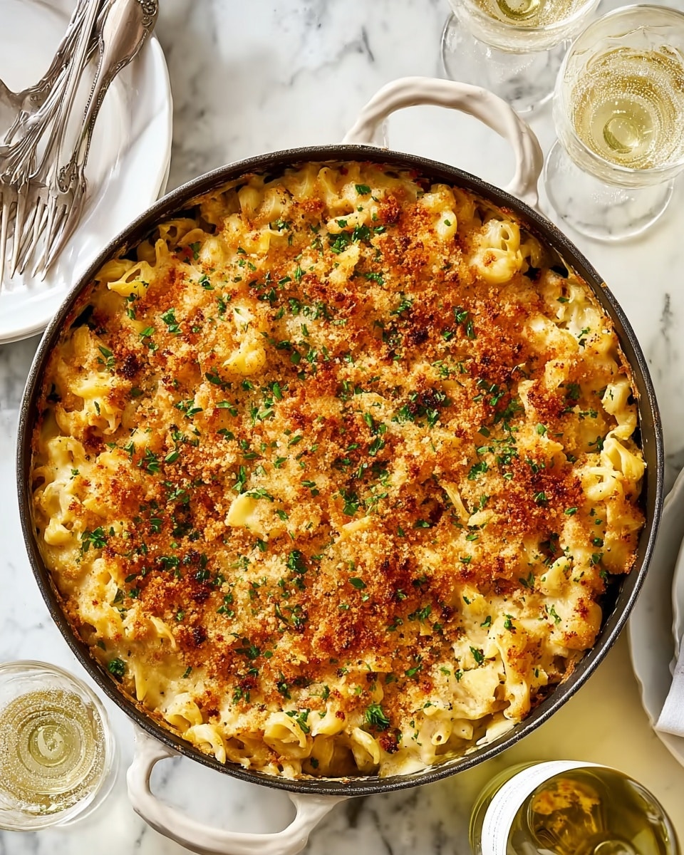 A top view of a pan filled with baked macaroni and cheese. The pasta is covered with a golden brown crispy crumb layer scattered with finely chopped green herbs. Underneath the crust, soft, creamy noodles can be seen slightly curled and layered throughout. The pan is round with two handles, sitting on a white marbled surface. Surrounding the pan are white plates, metal forks and knives, and two glasses of a light yellow drink with bubbles. A bottle of white wine is also visible near the bottom right corner. photo taken with an iphone --ar 4:5 --v 7