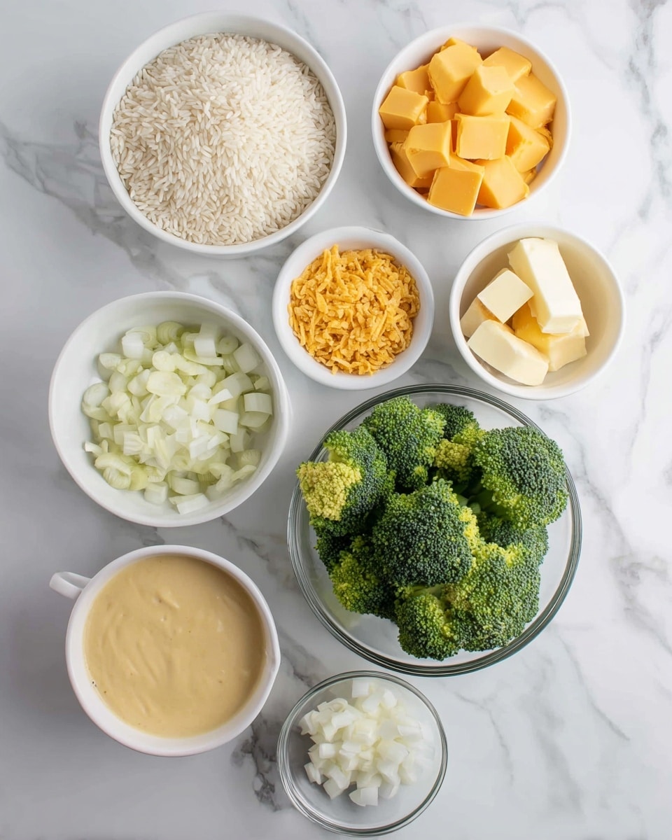 The image shows seven small bowls and one glass bowl all placed on a white marbled surface. The largest glass bowl at the bottom center is full of fresh green broccoli florets. Above it and to the left is a white bowl filled with uncooked white rice grains. Next to the rice on the right is a white bowl with small yellow squares of cheddar cheese. To the right of that is another white bowl with small yellow cubes of butter. Below the butter bowl is a white bowl with chopped white onions. Below the rice and to the left of the onions is a small clear glass bowl with crushed yellow cornflakes. In the middle space between all the bowls is a small white bowl with a white liquid, likely milk or cream. Below the onions is a white bowl with smooth, creamy pale yellow cheese sauce. All bowls are neatly arranged. Photo taken with an iphone --ar 4:5 --v 7