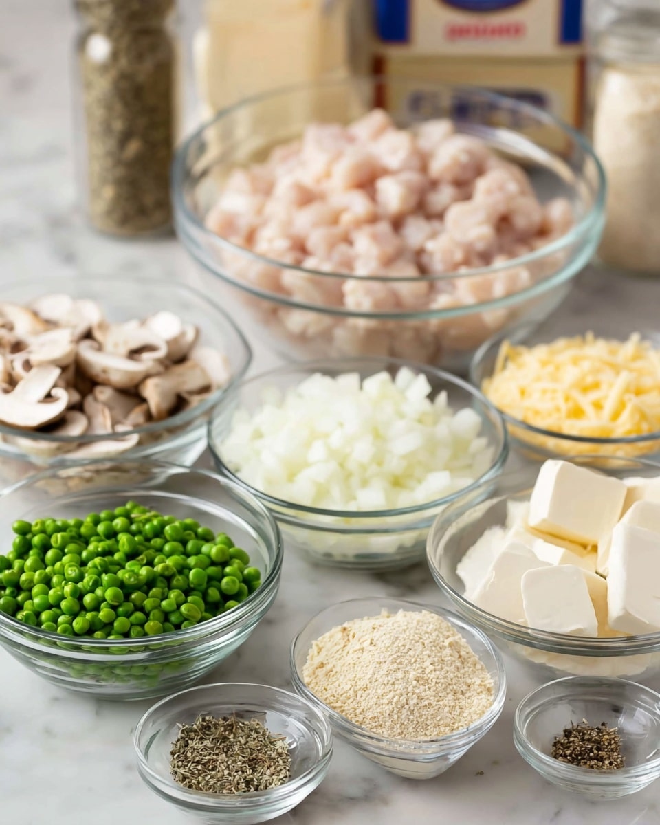 Several clear glass bowls arranged on a white marbled surface each contain different ingredients. The largest bowl at the back holds many small pale pink cubes of cooked chicken. In front of it and slightly to the left is a medium bowl filled with small white chopped onions. To the left of that is a smaller bowl with light brown sliced mushrooms. In front of the onions is a bowl with bright green peas. To the right of the peas is a bowl with off-white creamy chunks of cream cheese. Next to the cream cheese is another bowl containing fine yellow grated cheese. Near the front and center is a bowl with pale beige breadcrumbs, and two very small bowls near the front left hold black pepper and dried herbs. There is also a box and jars in the background out of focus. Photo taken with an iphone --ar 4:5 --v 7