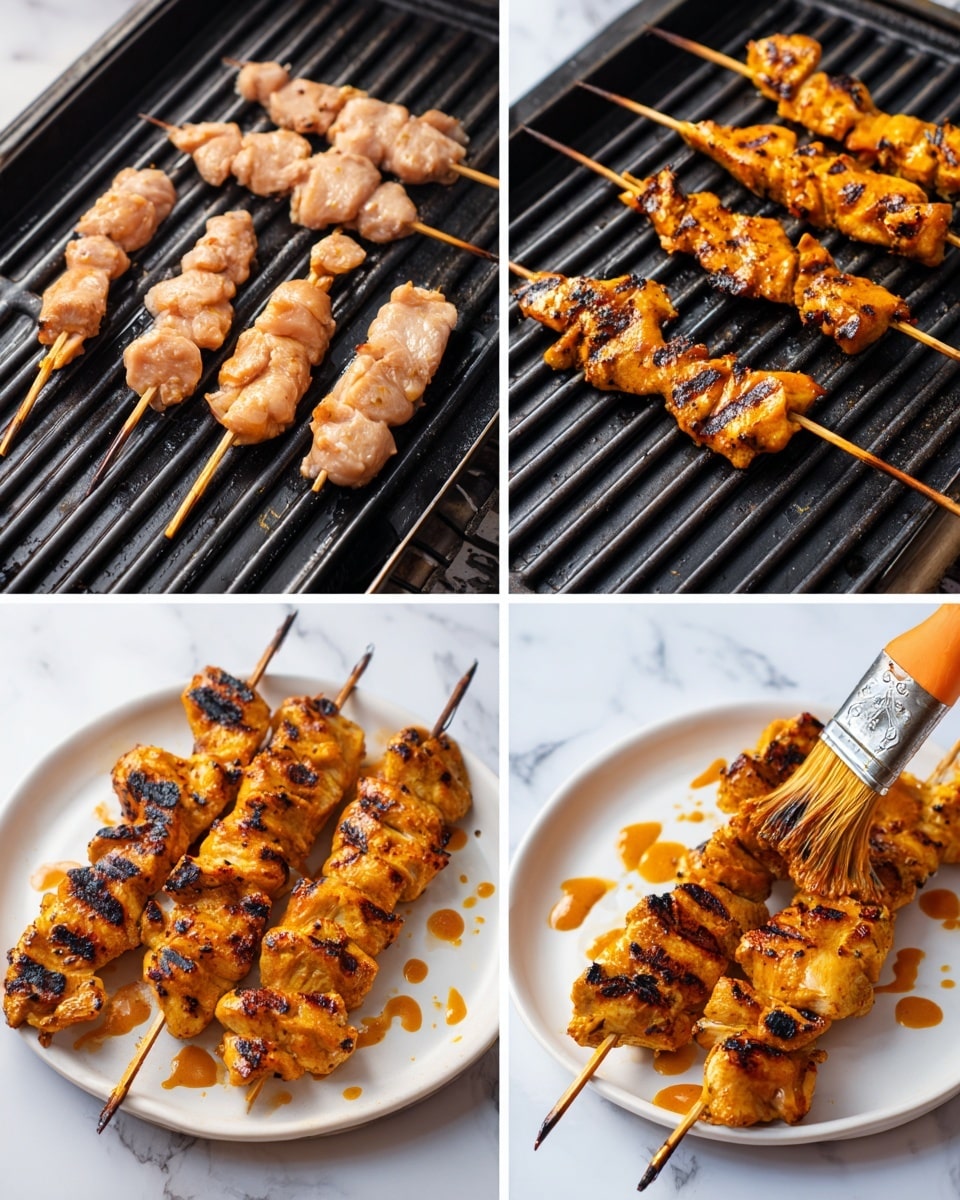 Nine images arranged in a grid show a cooking process on a wooden cutting board and a white marbled surface. The first three images show raw chicken pieces in light pink color laid on the cutting board, sprinkled with red and brown spices, then mixed with the spices appearing orange-red. The fourth image is a white bowl on the white marbled surface with three sauces or pastes: one white creamy, one orange, and one dark red. The fifth image shows the sauces mixed into an orange sauce with a spoon resting inside the bowl. The sixth image shows the chicken pieces coated in the orange sauce inside a metallic bowl. The seventh image shows the chicken mixture covered with clear plastic wrap. The eighth image shows a woman's hand holding a wooden skewer with chicken pieces threaded on it, the chicken is orange-coated. The ninth image shows multiple skewers with the orange-coated chicken arranged on a black grill tray for cooking. Photo taken with an iphone --ar 4:5 --v 7