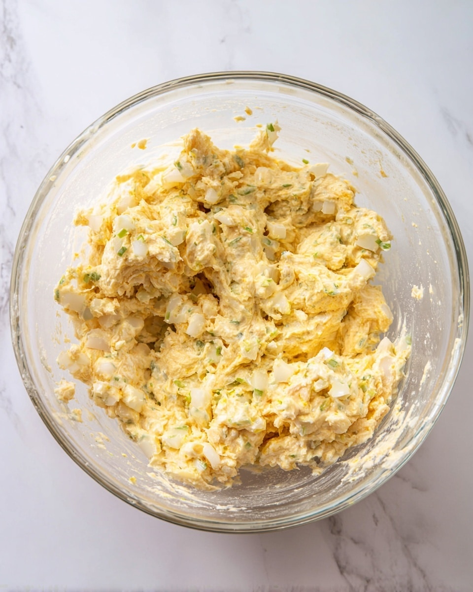 A clear glass mixing bowl filled with a thick, chunky mixture that has a creamy light yellow color with small pieces of white and green visible throughout. The mixture appears textured, with bits of soft, pale yellow and white chunks, along with tiny green flecks distributed evenly inside. The bowl is placed on a white marbled surface. Photo taken with an iphone --ar 4:5 --v 7