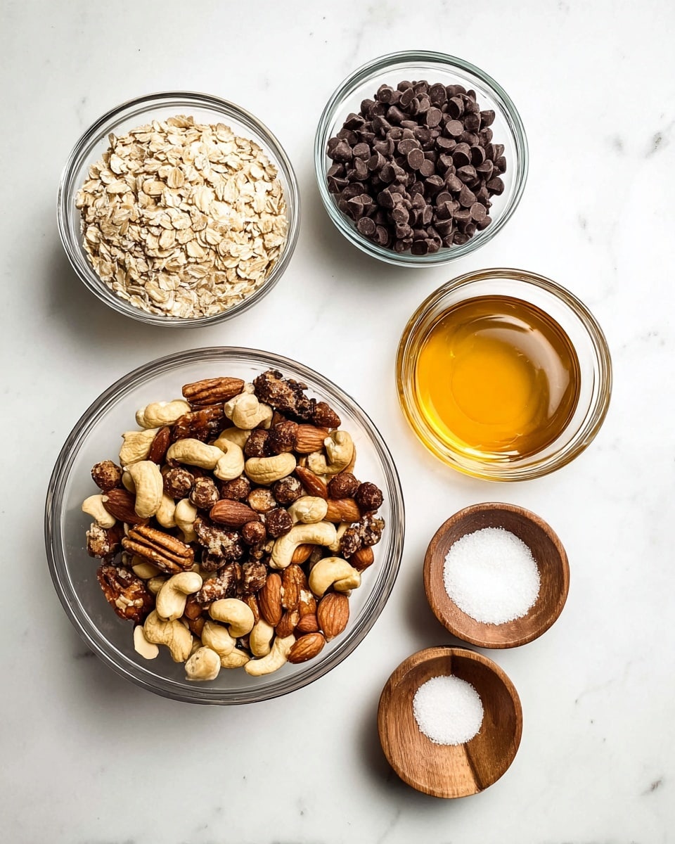 Five bowls with different ingredients are arranged on a white marbled surface. In the center bottom is a large clear glass bowl filled with a mixed variety of nuts, including cashews, almonds, and pecans, with brown and tan colors and rough textures. Above it to the left is a small clear glass bowl holding beige rolled oats with a flaky texture. To the right of the oats is another small clear glass bowl filled with dark brown chocolate chips with smooth, shiny surfaces. Slightly below and to the right of the chocolate chips is a small clear glass bowl containing golden honey with a smooth liquid texture. At the bottom right are two small wooden bowls; the top one contains a small amount of white salt with a grainy texture, and the bottom one holds white coconut oil with a creamy look. The photo taken with an iphone --ar 4:5 --v 7