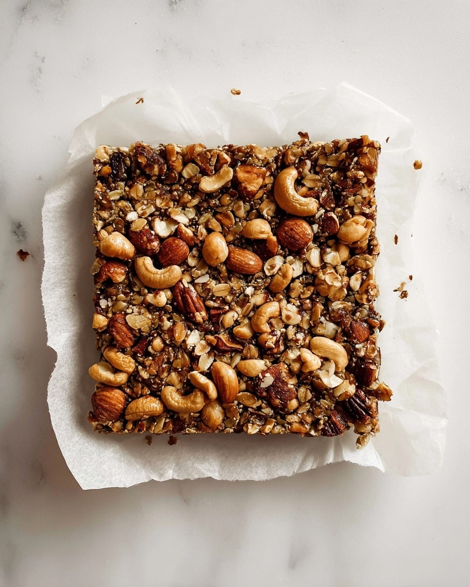The image shows a square nut bar on white baking paper, placed on a white marbled surface. The bar has one thick layer made up of various whole nuts such as cashews, pecans, and almonds mixed with oats, all bound together and toasted to a golden brown color with some darker toasted spots. The nuts and oats have a rough, crunchy texture, and the bar edges show some unevenness where small pieces have fallen off. The baking paper is slightly crumpled around the edges, and the whole scene is well lit with soft natural light. Photo taken with an iphone --ar 4:5 --v 7