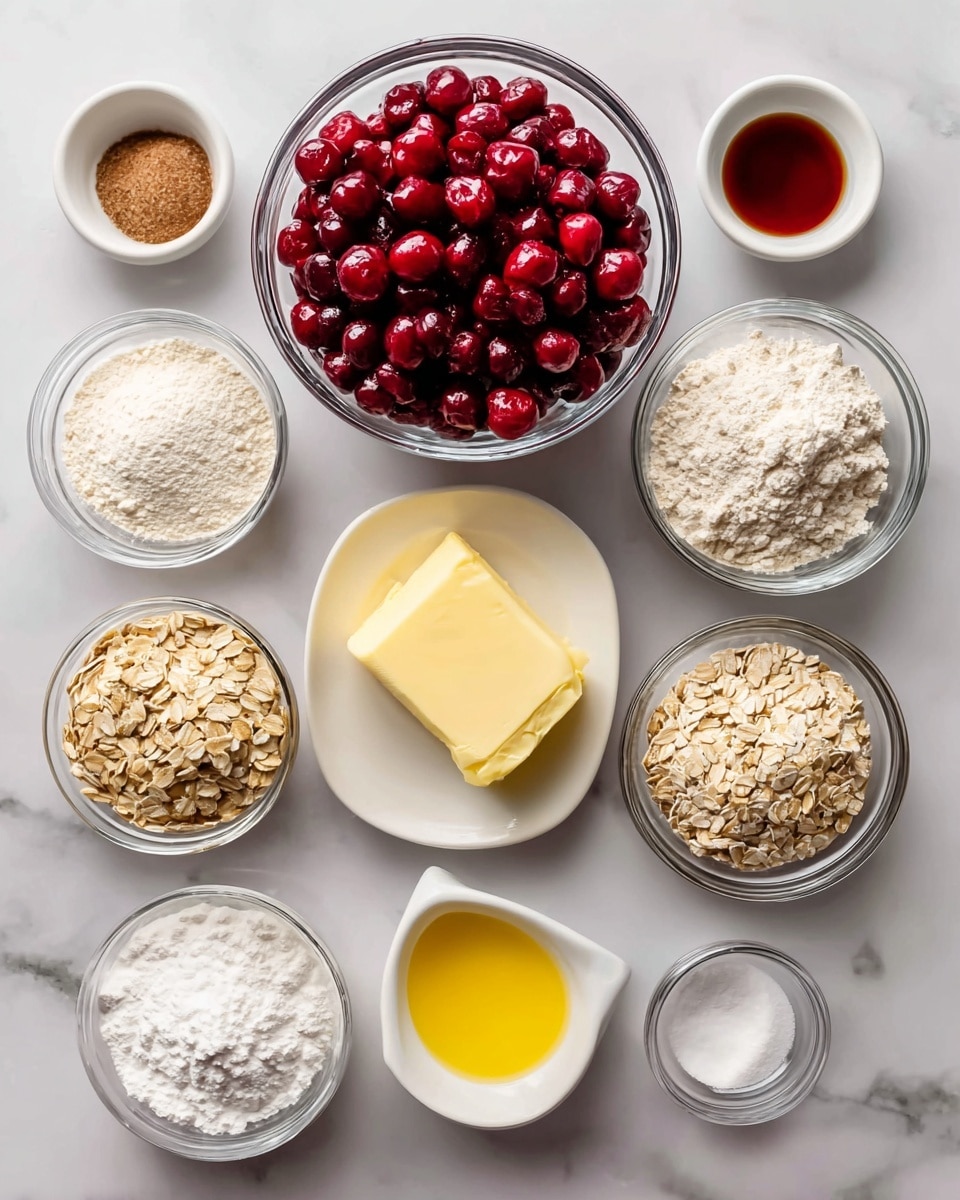 The image shows a white marbled surface with 11 ingredients neatly arranged in clear, white bowls and cups. In the center, there is a large glass bowl filled with deep red sour cherries. Surrounding it are smaller glass bowls containing white flour, golden brown sugar, white sugar, oats, and cornstarch. There is a small white dish with a soft yellow butter stick next to a bright yellow lemon. Tiny white bowls hold baking powder, salt, vanilla, and almond extract with liquid textures. Each ingredient is labeled with bold black text on a white background above the bowl. photo taken with an iphone --ar 4:5 --v 7