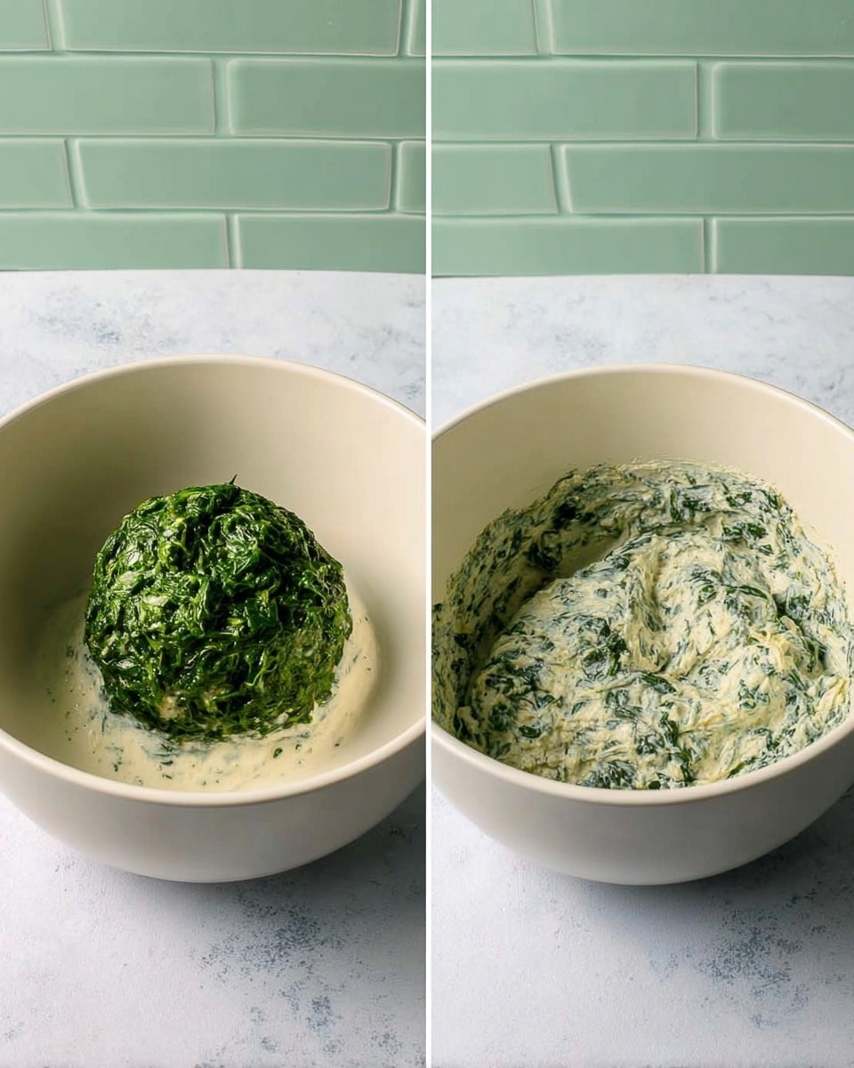 Two side-by-side images show the making of a creamy spinach mixture in a white bowl. On the left, a round ball of bright green cooked spinach sits on top of a thick white creamy base inside the bowl. On the right, the spinach and creamy mixture are fully combined, creating a light greenish-white textured blend with small spinach bits evenly spread throughout the bowl. The bowl is on a white marbled surface with a pale green brick wall background. Photo taken with an iphone --ar 4:5 --v 7