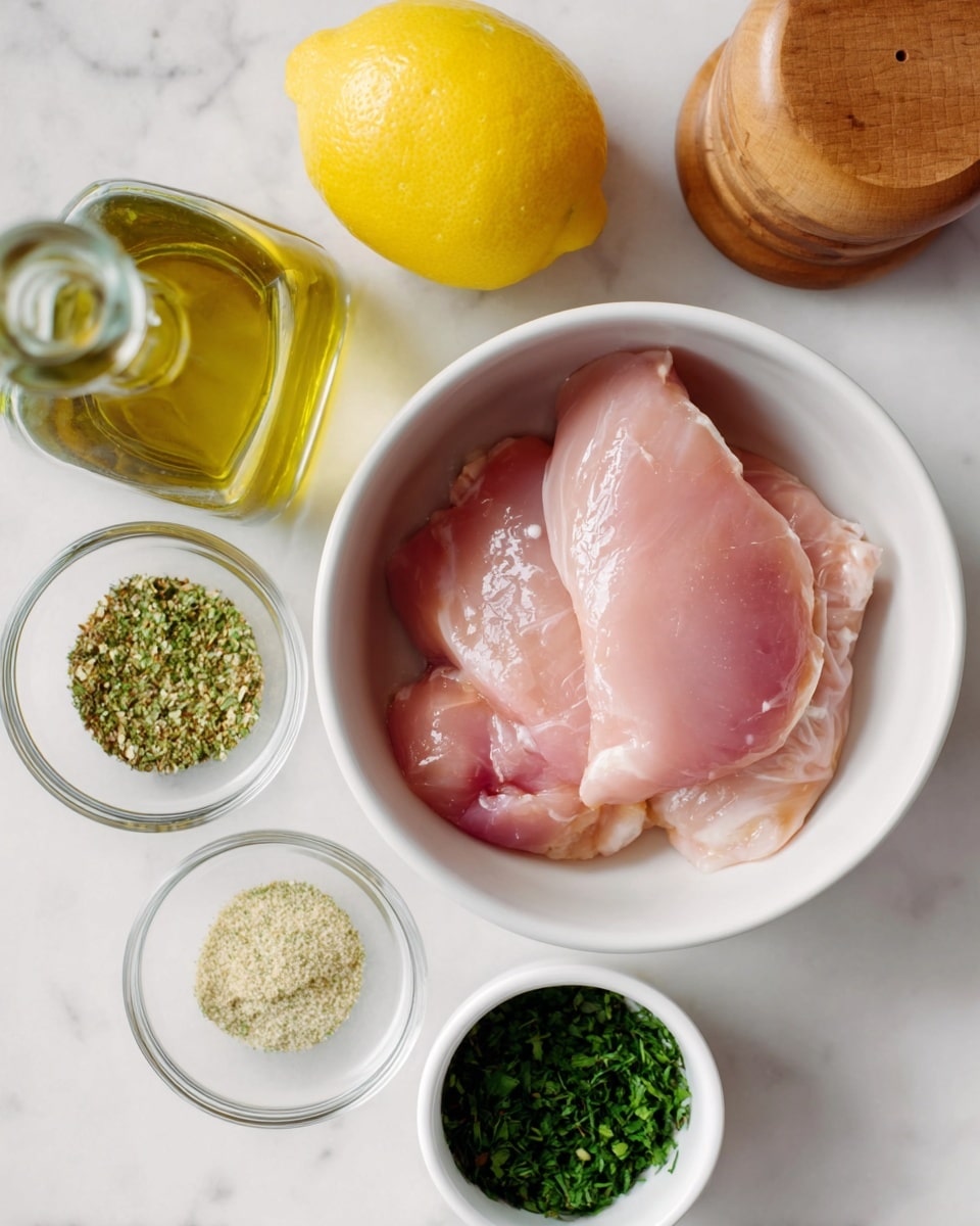 The image shows a white bowl in the center filled with two large pieces of raw light pink meat, likely chicken meat, layered on top of each other. Around the bowl, there is a whole yellow lemon at the top, a clear glass bottle with light greenish-yellow oil on the left, and two small clear glass bowls below the bottle containing green mixed herbs and light beige powder seasoning. Below and slightly to the right of the white bowl with meat, there is a small white cup filled with finely chopped green herbs. In the top right corner, there is a round wooden pepper grinder. All the items are placed on a white marbled surface. photo taken with an iphone --ar 4:5 --v 7