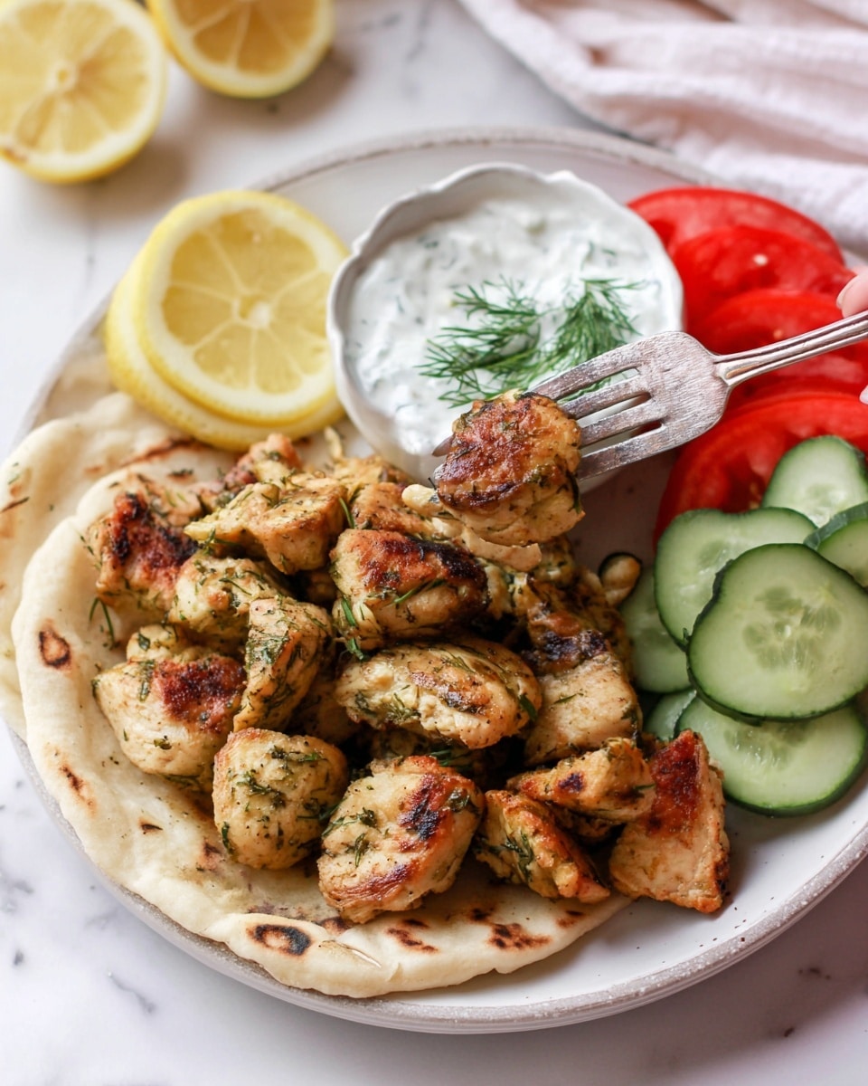 The image shows a white plate with a base layer of a light, round flatbread with slight charring on the edges. On top, there is a generous pile of golden brown, grilled chicken chunks seasoned with green herbs. To the side, there are fresh slices of green cucumber and red tomato wedges, along with two bright yellow lemon wedges. A small white bowl on the plate holds creamy white sauce with dill, into which a piece of chicken is speared by a silver fork held by a woman's hand. The background features a clean white marbled surface. photo taken with an iphone --ar 4:5 --v 7
