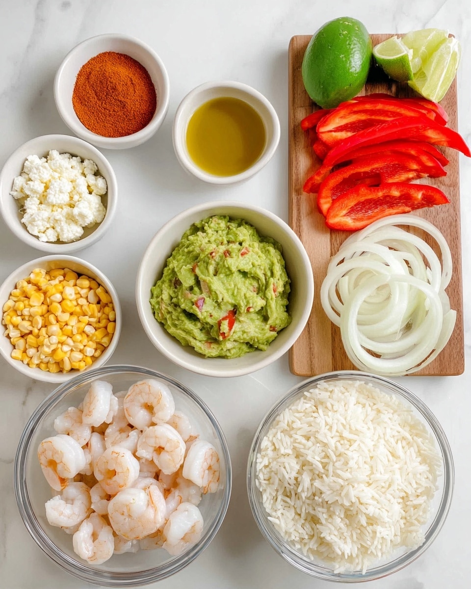 The image shows several white dishes and a small wooden board arranged on a white marbled surface. In a clear white bowl at the bottom left, there are raw shrimp with a pale pink and white color. To its right, a small white bowl is filled with thick golden olive oil. Above it, another white bowl contains green guacamole with some red bits inside. Next to the guacamole, a white bowl has reddish-orange powder. Above this, a white bowl holds yellow corn kernels. To the left of the corn, a smaller white bowl contains crumbly white cheese. At the top right, a small wooden board displays sliced red bell peppers, green bell peppers, and white onion strips laid out in three neat layers, with half a lime placed on top of the peppers. On the far right, a larger white bowl is full of cooked white rice with a slightly fluffy texture. photo taken with an iphone --ar 4:5 --v 7