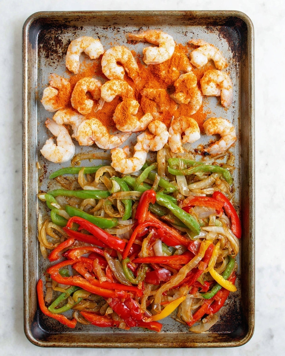 A metal baking sheet holds two layers of food: the top half has raw white shrimp sprinkled with bright orange red seasoning powder, while the bottom half contains cooked sliced bell peppers in red, green, and yellow colors, mixed with caramelized thin onion strips. The baking sheet shows some dark browned spots and oil stains from cooking. The background is a white marbled texture. photo taken with an iphone --ar 4:5 --v 7