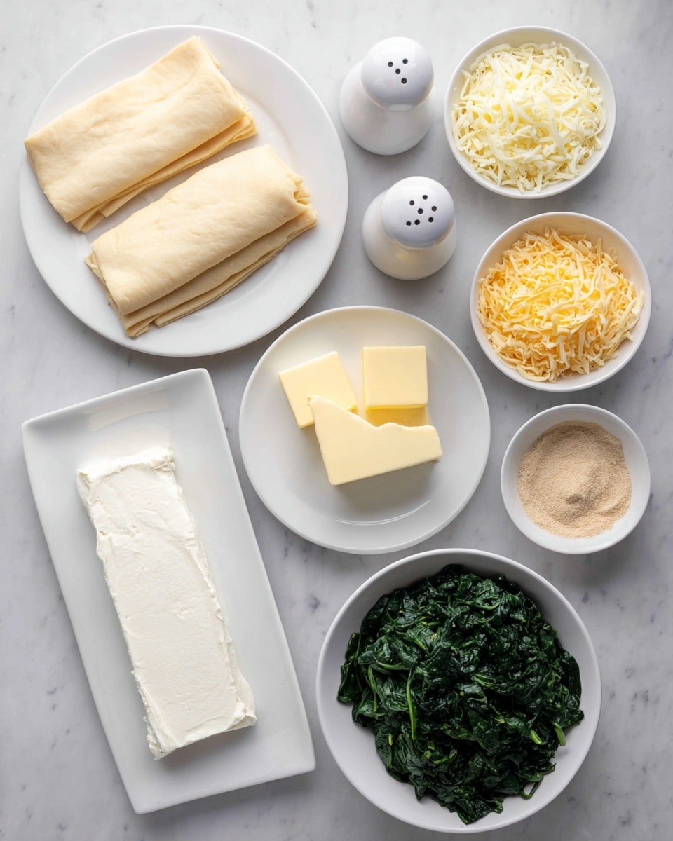 The image shows several ingredients organized on a white marbled surface: at the top left, two folded sheets of pale beige dough lie on a white plate; to their right, a pair of white salt and pepper shakers stand next to two small white bowls filled with light shredded cheese, one off-white and the other a soft yellow; below them is a larger white bowl full of dark green cooked chopped spinach; to the left of that, a white plate holds a rectangle of smooth white cream cheese while above it a small white bowl contains two blocks of pale yellow butter; next to the butter are two small white bowls filled with a fine light brown powder. photo taken with an iphone --ar 4:5 --v 7