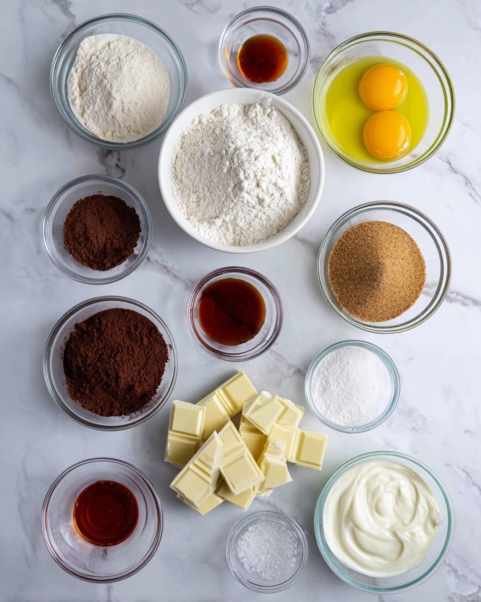 The image shows eleven clear glass bowls and one white bowl arranged on a white marbled surface, each holding different baking ingredients. In the center is a white bowl filled with white flour. Above that is a glass bowl with two raw yellow egg yolks and clear whites. To the right of the eggs is a glass bowl with brown sugar, and next to it a glass bowl with light yellow oil. At the bottom right corner is a glass bowl filled with a white liquid cream. Below the flour bowl is a white bowl with neat pieces of white chocolate. To the left of the white chocolate are two glass bowls, one with dark brown cocoa powder and the other with white sour cream. At the top left corner is a glass bowl filled with light beige sugar. Near the center top are two small glass bowls with dark brown and reddish brown liquids. At the bottom right near the cream is a small glass bowl with white baking powder and salt. The entire scene is bright and evenly lit, photo taken with an iphone --ar 4:5 --v 7