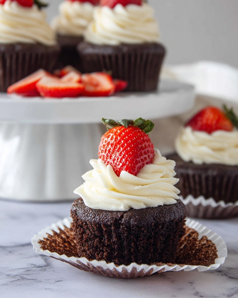 A chocolate cupcake with a dark, moist texture forms the bottom layer, partially resting in an opened brown paper cupcake liner. A ring of smooth, creamy white frosting with soft ridges and swirls sits on top of the cupcake. On the frosting, a bright red strawberry with small seeds is placed upside down, topped with a small dollop of white frosting. In the background, more similar cupcakes arranged on a white cake stand are visible, along with sliced strawberries. The entire scene is set on a white marbled surface. photo taken with an iphone --ar 4:5 --v 7
