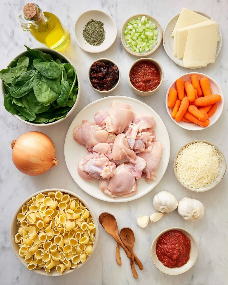 A clean white marbled surface holds a group of various ingredients arranged neatly: at the center is a white plate piled with raw pink chicken thighs showing smooth skin and soft texture; below it, a white bowl filled with uncooked yellow pasta shells with a rough surface; to the left, a small white bowl with pale green diced celery pieces; above the pasta, a white bowl with thick white slices of cheese; on the upper right, a white bowl full of grated white cheese with fine texture; next to it, a small beige bowl containing dark brown dried tomatoes with wrinkled texture, and another small bowl with red thick tomato paste; near the top left, a white bowl filled with fresh spinach leaves showing deep green and slightly shiny texture; next to it, a white bowl containing bright orange carrot slices with smooth cut edges; in the middle, a whole yellow onion with a papery outer skin; near the bottom left corner, a clear bottle filled with golden olive oil lies diagonally; close by, two wooden measuring spoons lay flat, each filled with different dried green herbs; beside them, a small wooden bowl with two white cloves of garlic. photo taken with an iphone --ar 4:5 --v 7