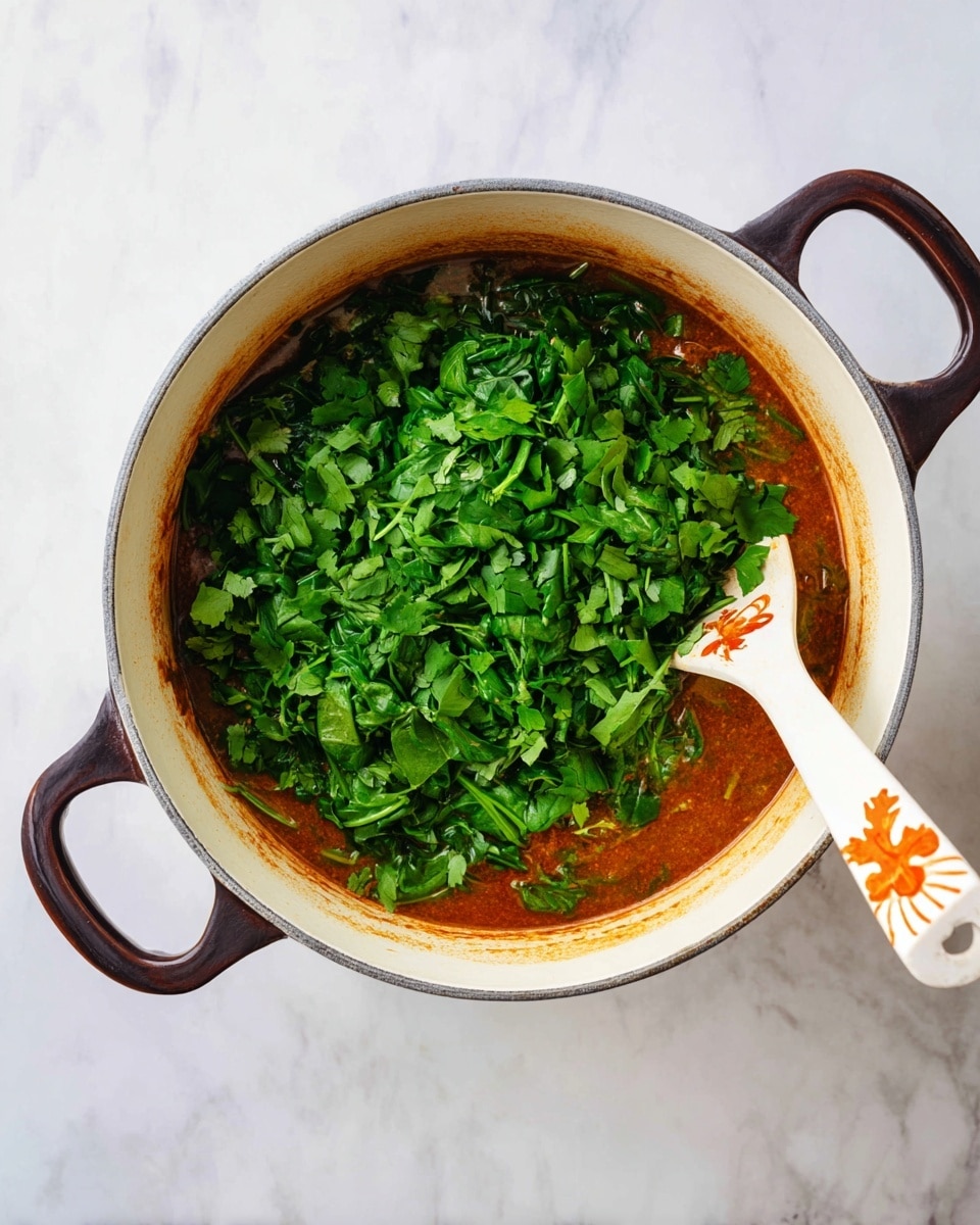 A white pot filled with a brownish-red sauce as the base layer, topped with a generous amount of bright green chopped spinach leaves covering most of the sauce. A wooden spoon with a white handle decorated with an orange pumpkin and leaves is partially submerged in the pot, resting against one side near the pot's dark brown handles. The pot sits on a white marbled surface. photo taken with an iphone --ar 4:5 --v 7