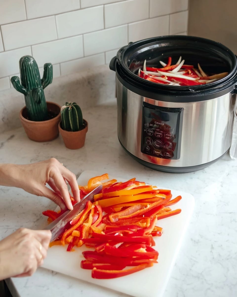 The first image shows a woman's hand holding a knife, slicing red bell peppers on a white cutting board placed on a white marbled surface. There are many long pieces of red and orange bell peppers on the board. In the background, two small decorative green cacti and a tiled wall can be seen. The second image shows a woman's hand pressing a button on a stainless steel crockpot with a black lid. Inside the crockpot, there are strips of red bell peppers, some white or light-colored pieces, and other ingredients. The crockpot is on the same white marbled surface with the two small green cacti in the background. photo taken with an iphone --ar 4:5 --v 7