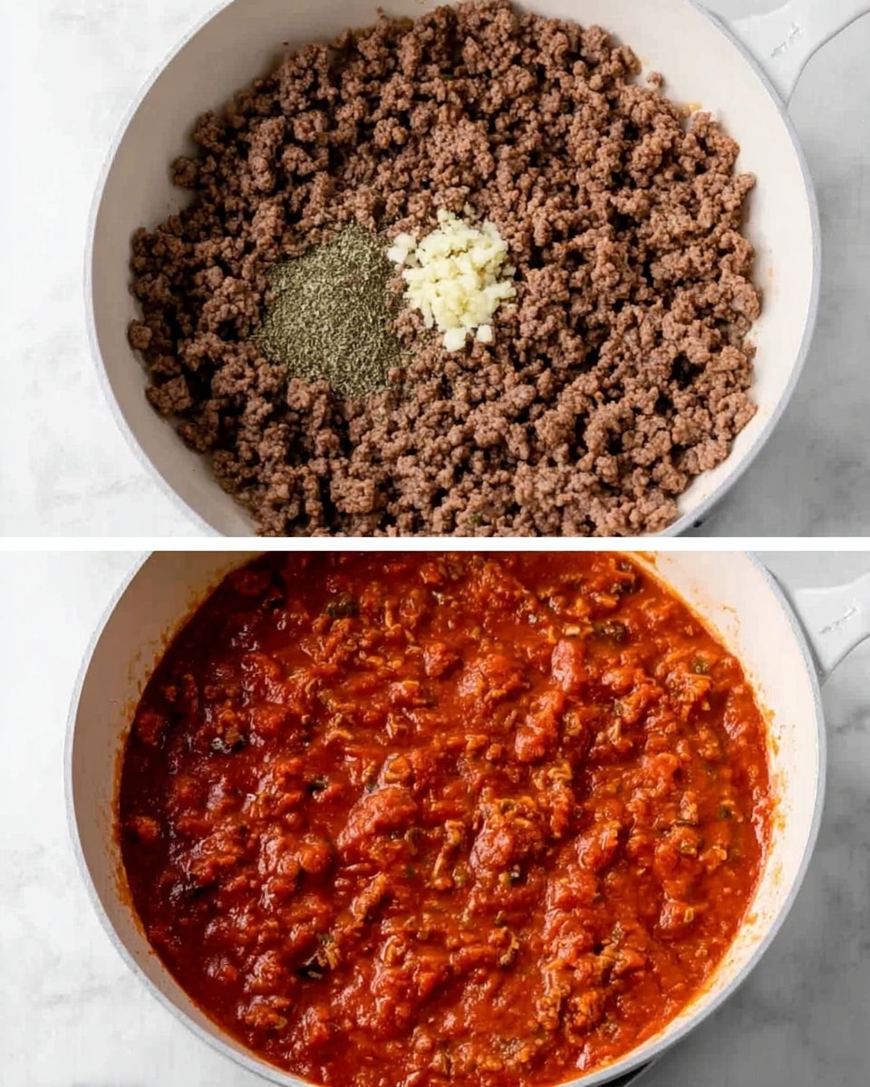The first image shows a white pan with cooked browned ground meat covering the bottom. On top, near the center, there is a small pile of minced garlic and a small pile of dried green herbs placed side by side. The second image shows the same white pan with the browned meat now mixed in a thick red sauce that looks like tomato sauce. The sauce covers most of the surface and has a rich, slightly chunky texture with bits of meat visible throughout. The pan is on a stove with the white marbled surface around it. Photo taken with an iphone --ar 4:5 --v 7