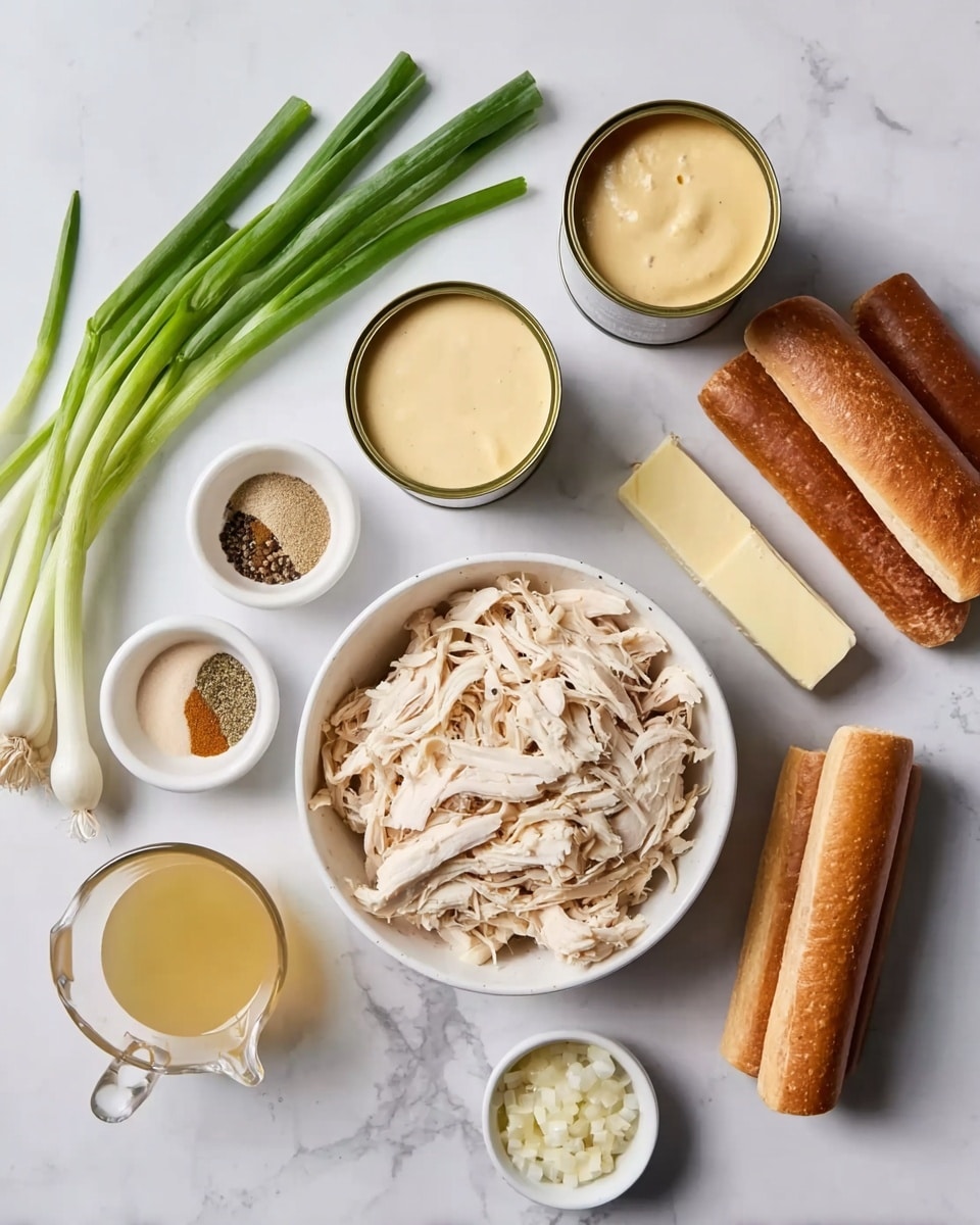 The image shows a white bowl filled with shredded white chicken placed on a white marbled surface. To the right of the bowl, there are two wrapped brown bread loaves stacked one over the other and a stick of pale yellow butter above them. Above the chicken bowl, there are two open cans filled with light yellow creamy sauce, next to a small white bowl with a pale yellow thick sauce. To the left of the bowls, there are three small bowls arranged in a triangle containing light brown seasoning, black pepper, and pale yellow seasoning. On the far left, a bunch of green onions with white bulb ends is placed diagonally. Below the chicken bowl, there is a small glass measuring cup with light yellow liquid. The photo taken with an iphone --ar 4:5 --v 7