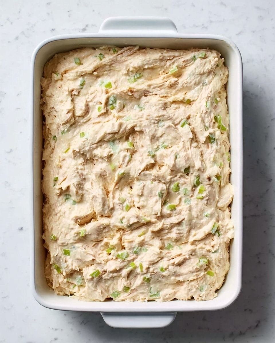 A white rectangular baking dish filled with a thick, creamy mixture that looks like chicken salad. The top layer is uneven and lightly textured with small chunks and bits of green, likely celery, spread evenly throughout. The mixture is pale beige with some light brown and green flecks embedded inside. The dish is placed on a white marbled surface. photo taken with an iphone --ar 4:5 --v 7