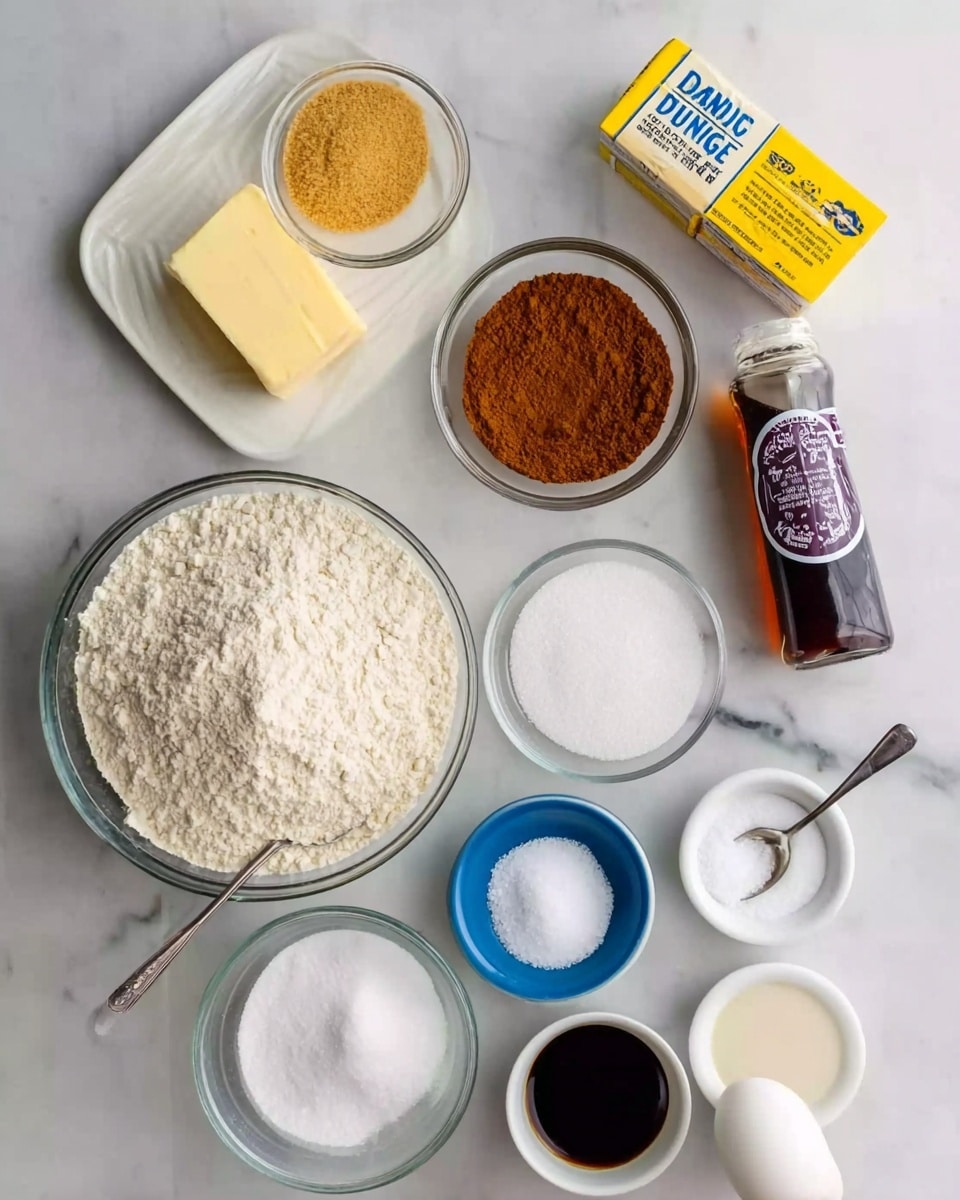 A white plate filled with light beige flour occupies the bottom left part of the image, next to a small transparent bowl of golden brown sugar. Above, a clear glass bowl holds a rich brown powder, beside a yellow block of butter wrapped partially in paper. In the center is a mostly yellow and white box of powdered sugar. To the right, a clear glass jar of dark syrup with a purple and white label sits next to three small blue and white bowls filled with white powder and salt. Near the bottom, a large clear bowl contains white granulated sugar, next to a white egg and a small glass bowl with a milky white liquid. A woman's hand holds a spoon dipping into black liquid, and all is arranged neatly on a white marbled surface. photo taken with an iphone --ar 4:5 --v 7