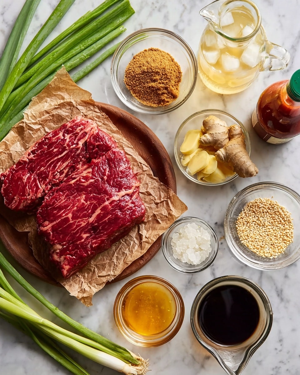 A piece of marbled raw red meat rests on brown crumpled paper on a round wooden board placed on a white marbled surface. Around it are several small clear glass bowls holding different ingredients: light brown sugar, sesame seeds, white powder, minced garlic, grated ginger slices, black soy sauce, golden honey, and a yellowish liquid in a handle glass measuring cup. Green spring onions lie at the bottom left corner. At the top right corner, a red sauce bottle and a glass with a pale yellow liquid ice are visible. photo taken with an iphone --ar 4:5 --v 7