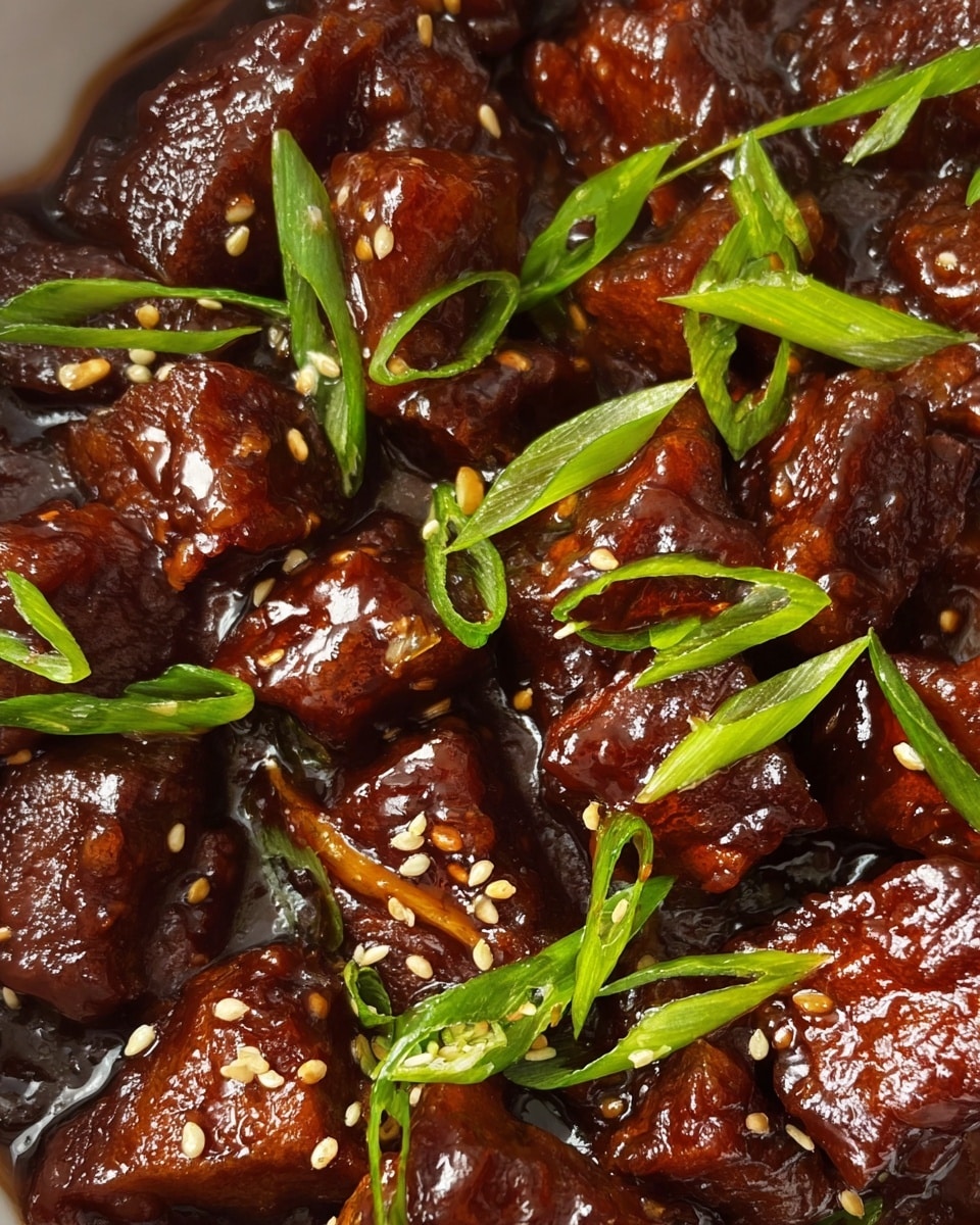 Chunks of dark brown glazed meat soaked in a shiny thick sauce fill the image, each piece showing a rich, slightly textured surface. Bright, fresh green sliced scallions are scattered unevenly on top, along with small, light tan sesame seeds sprinkled throughout. The close-up view highlights the glossy, smooth flow of the sauce resting closely around the meat and garnishes, all presented on a white marbled texture. photo taken with an iphone --ar 4:5 --v 7