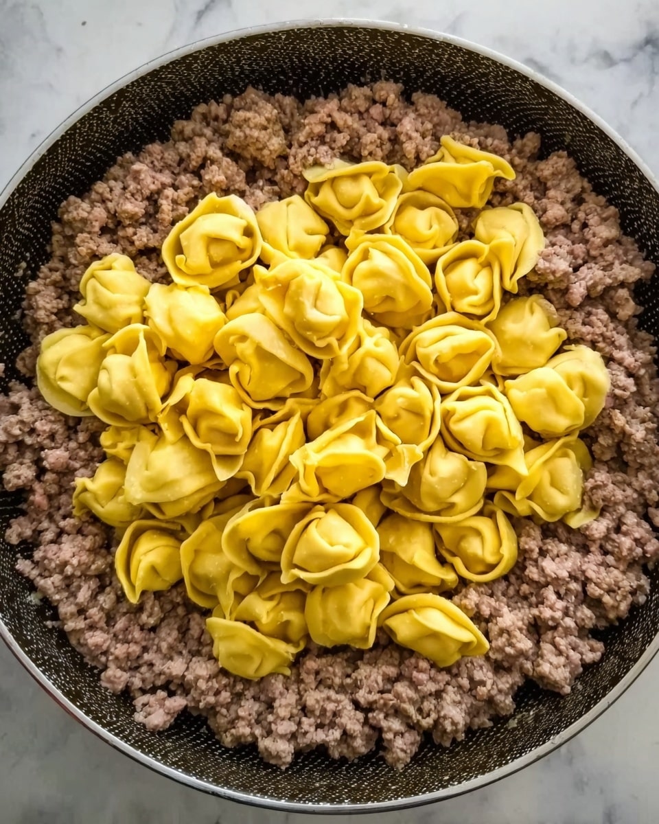 The image shows a close-up of a pan with two layers of food. The bottom layer is cooked ground meat with a brownish-gray color and a crumbly texture, spread evenly across the pan. On top of it, there is a layer of yellow tortellini pasta, each piece small and folded with a smooth surface, piled loosely in the center. The pan has a dark metal mesh bottom. The background is a white marbled texture. photo taken with an iphone --ar 4:5 --v 7