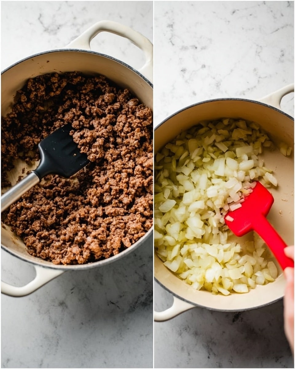 The image shows two round white pots, each filled with a different cooked ingredient on a white marbled surface. The pot on the left contains browned ground beef with a slightly crumbly texture and small bits of cooked meat evenly spread across the pot. A black spatula rests in the pot, partially lifting the ground beef. The pot on the right has small white pieces of chopped onions cooked in oil, making them look soft and slightly translucent. A woman’s hand holds a red spatula stirring the onions. Both pots have a light cream-colored interior, and the overall scene appears to be part of a cooking process. Photo taken with an iphone --ar 4:5 --v 7