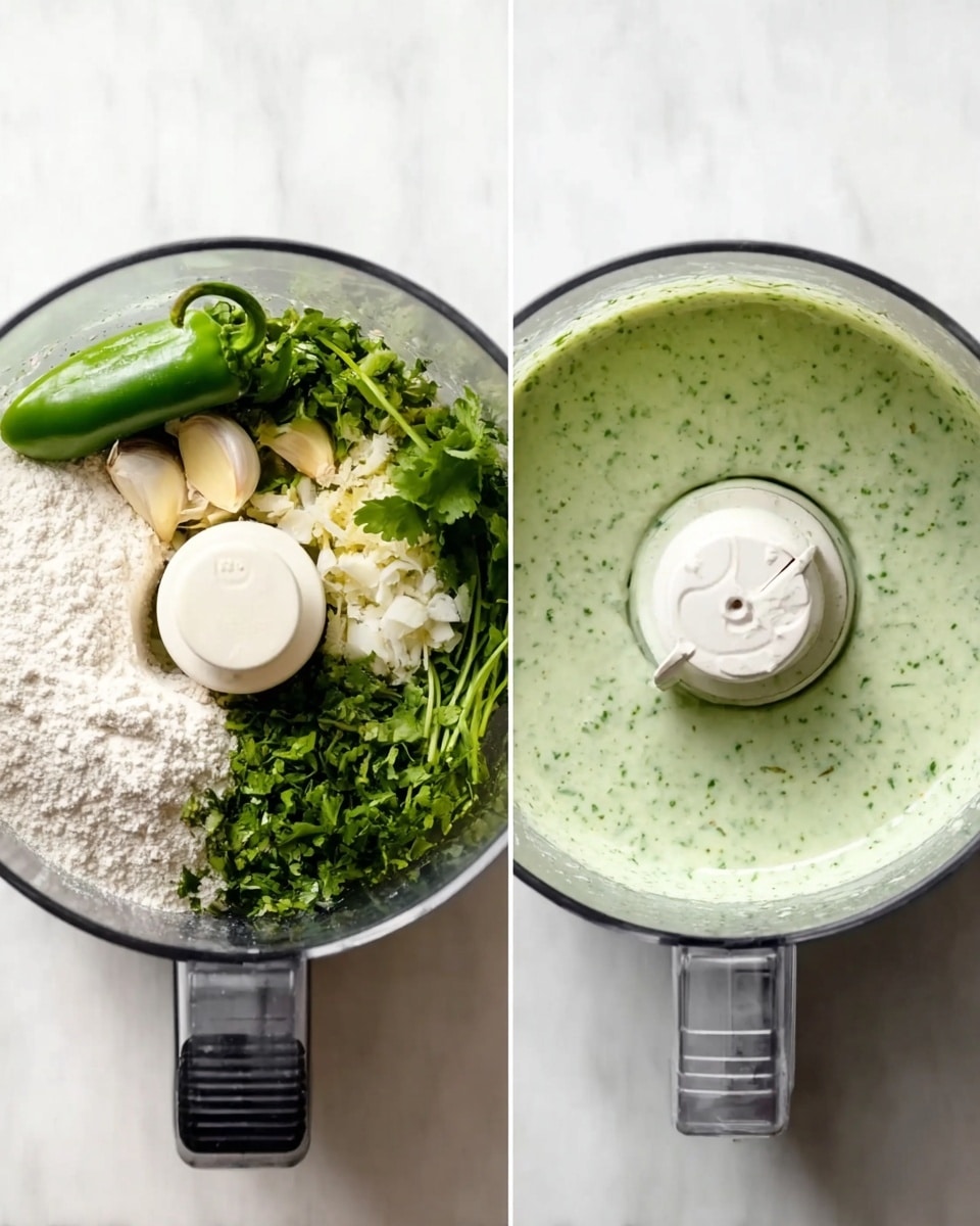 The image shows two stages of making a green sauce in a clear food processor on a white marbled surface. On the left, the food processor is filled with fresh green herbs, a whole green chili, white yogurt, chopped garlic, and a pile of white flour, all sitting in layers. On the right, the food processor contains a smooth light green creamy sauce with small green flecks, filling most of the bowl. The food processor has a white blade in the center. Photo taken with an iphone --ar 4:5 --v 7
