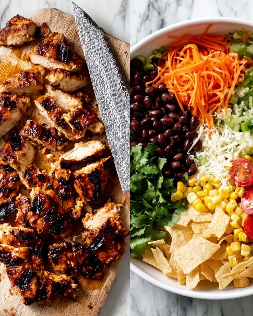 The image on the left shows several pieces of grilled chicken with dark char marks and a caramelized surface, placed on a white marbled surface. A large silver knife with a textured blade lies diagonally across the chicken pieces, with some pieces sliced and others whole. The image on the right displays a white bowl filled with colorful layers: shredded orange carrots at the top left, black beans at the top right, fresh green cilantro leaves on the far right, light green onion slices toward the bottom right, white shredded cheese below the beans, light beige broken tortilla chips in the center, yellow corn kernels to the left of the chips, and small red and yellow cherry tomatoes at the bottom left. The bowl rests on a white marbled surface. photo taken with an iphone --ar 4:5 --v 7