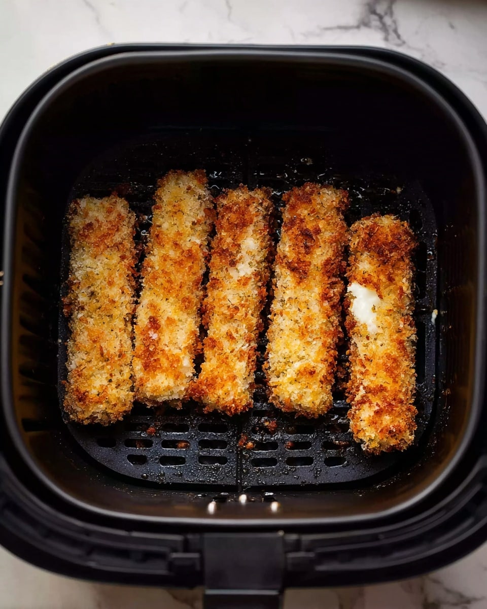 Inside a black air fryer basket on a white marbled surface, there are four long strips of food placed side by side. Each strip has a crispy, golden-brown crumb coating with some white creamy sauce slightly oozing from underneath at the edges, showing a soft texture inside. The air fryer basket has a dark grid pattern underneath the strips, contrasting with the warm tones of the crispy coating. Photo taken with an iphone --ar 4:5 --v 7