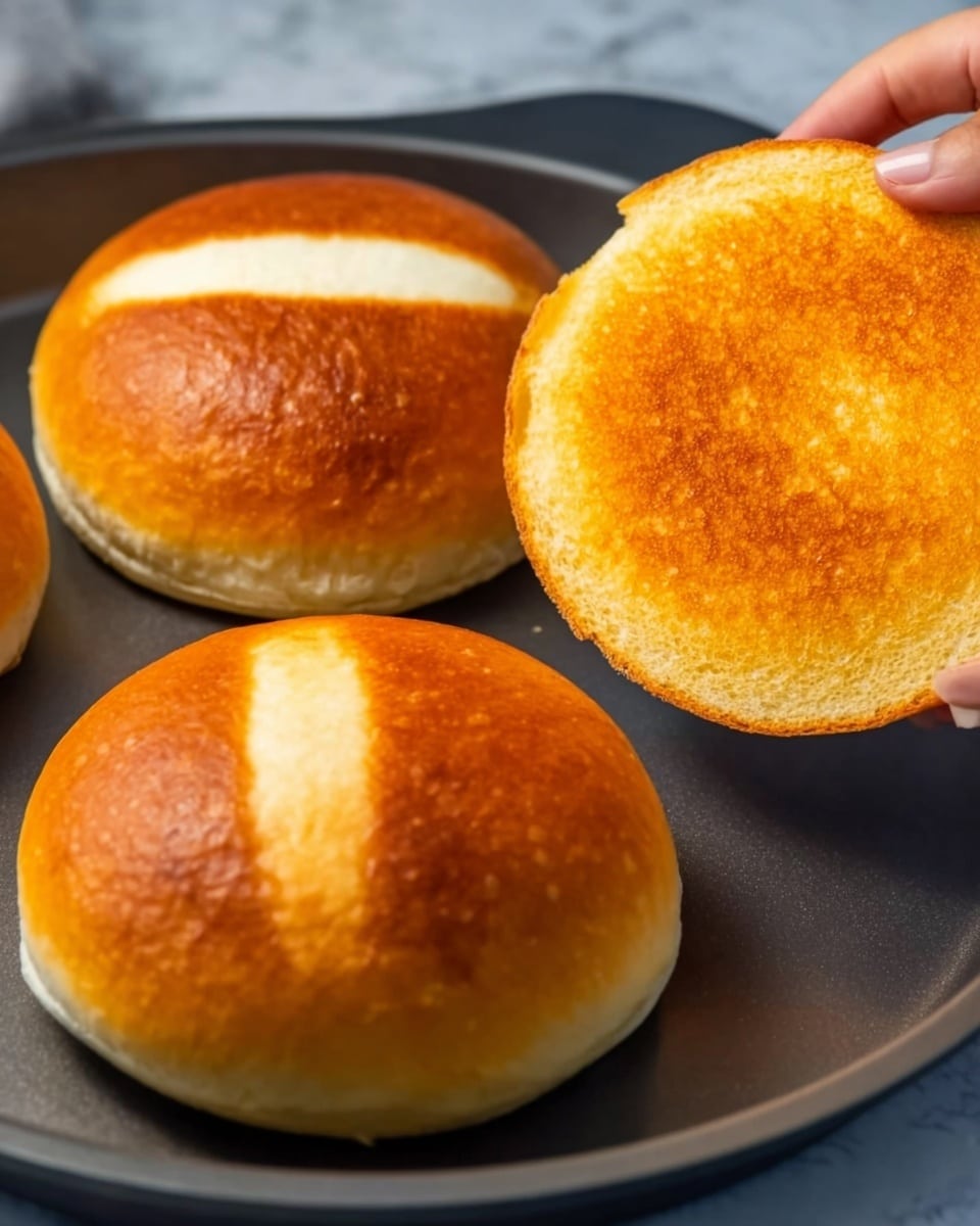 The image shows three golden brown burger buns placed on a dark gray pan with a white marbled texture background. Each bun has a bright white vertical line running down the center on top, with a smooth and shiny texture. On the right side, a woman's hand holds up one bun, showing the inside with a crispy, evenly toasted light golden surface. The buns have a soft and fluffy look with a firm crust. Photo taken with an iphone --ar 4:5 --v 7
