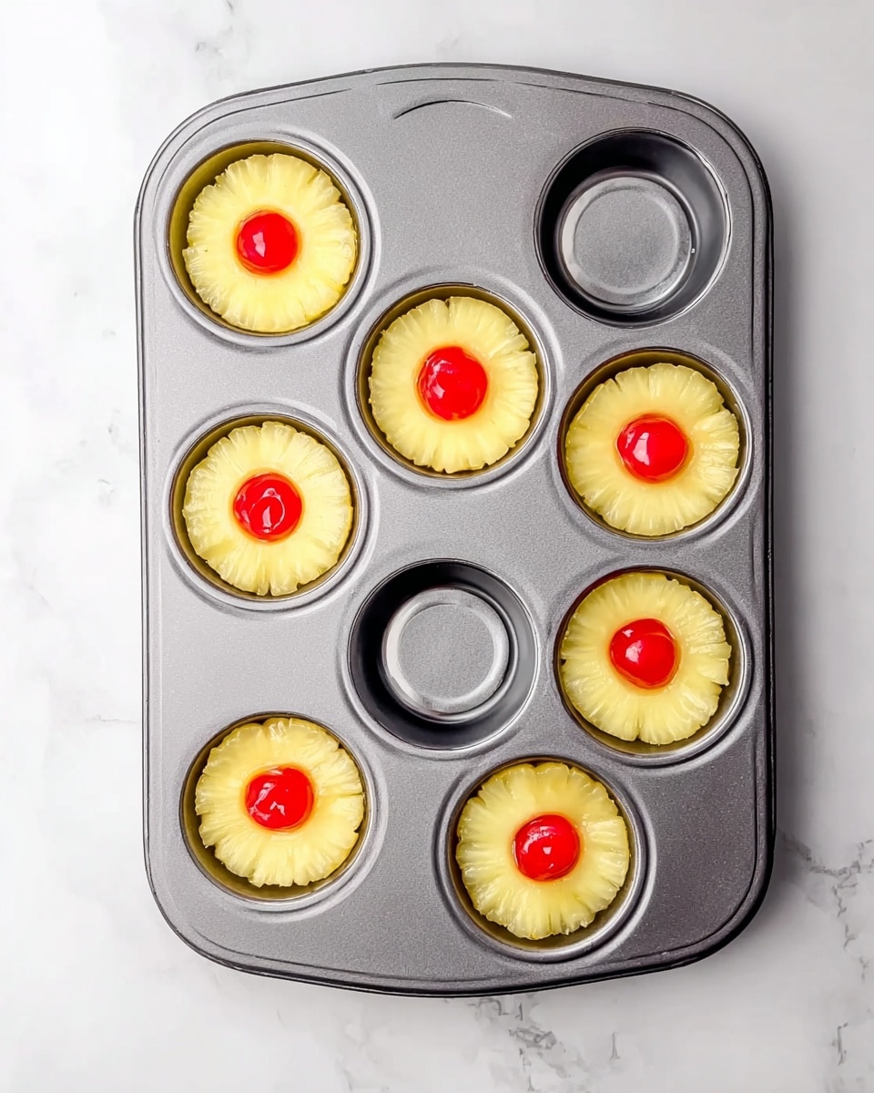 A gray metal muffin tray with nine round cups sits on a white marbled surface. Five of the cups have slices of light yellow pineapple inside, each topped with a bright red cherry in the center. The remaining four cups are empty, showing the smooth metal inside. The pineapple slices have a slightly shiny, juicy look, and the cherries add a pop of bold color in the middle of each slice. Photo taken with an iphone --ar 4:5 --v 7
