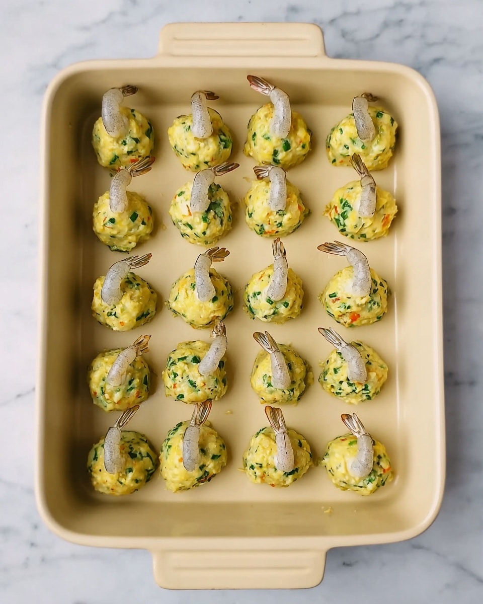 A cream-colored rectangular baking dish holds twenty small round balls made of a yellow mixture with visible green herb pieces and small bits of orange, each topped with a single light gray shrimp tail sticking upright. The balls are evenly spaced in rows across the dish, set on a white marbled surface. photo taken with an iphone --ar 4:5 --v 7