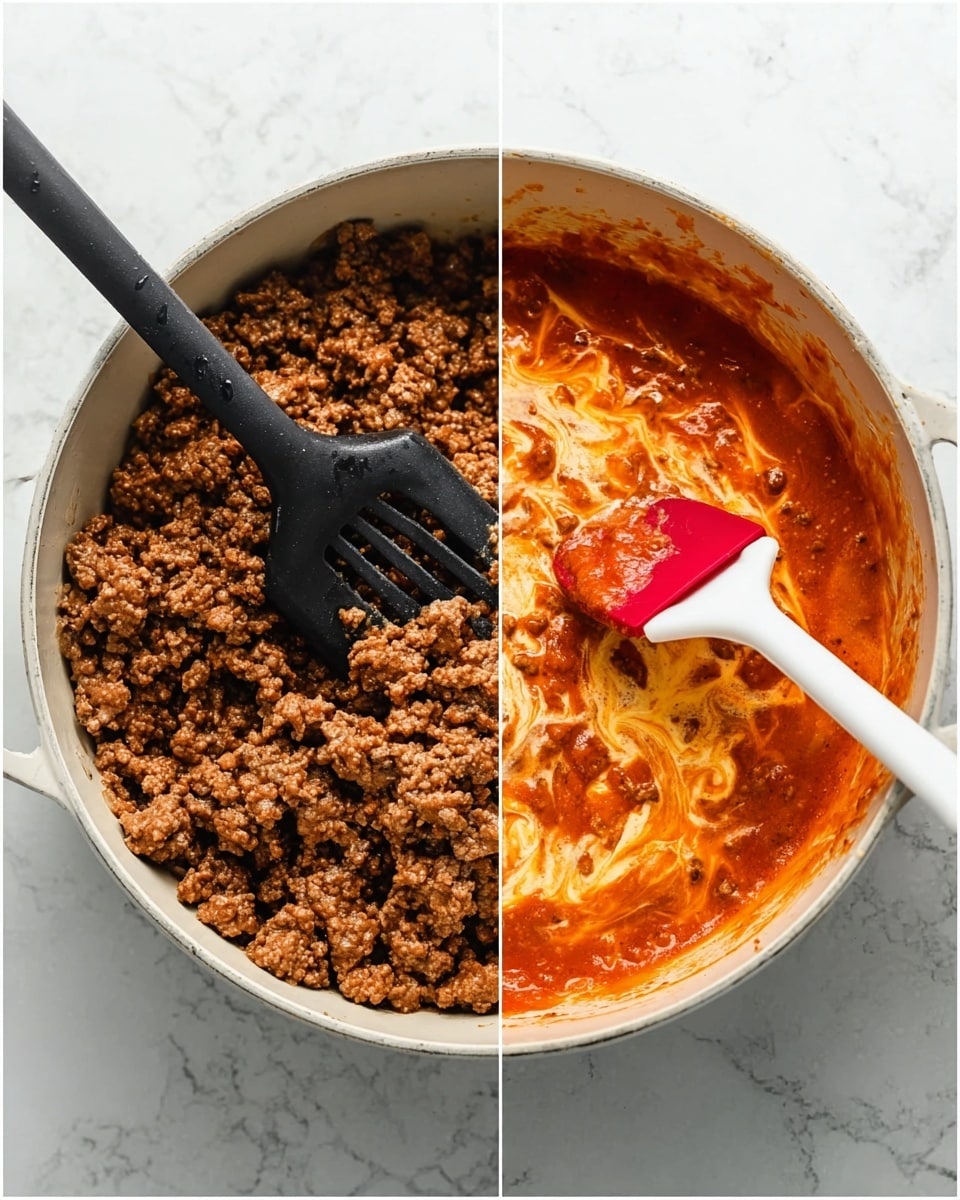 The image shows two stages of cooking ground meat in a white pot on a white marbled surface. On the left side, the cooked ground meat is brown and crumbly, being stirred or broken up with a black slotted spatula. On the right side, the pot contains a layered mix of ground meat with reddish-orange tomato sauce and some cream swirled in, creating a marbled effect. A white spatula with a red head is partially dipped inside the sauce. The pot and utensils are the main focus with visible texture of the cooked ingredients photo taken with an iphone --ar 4:5 --v 7