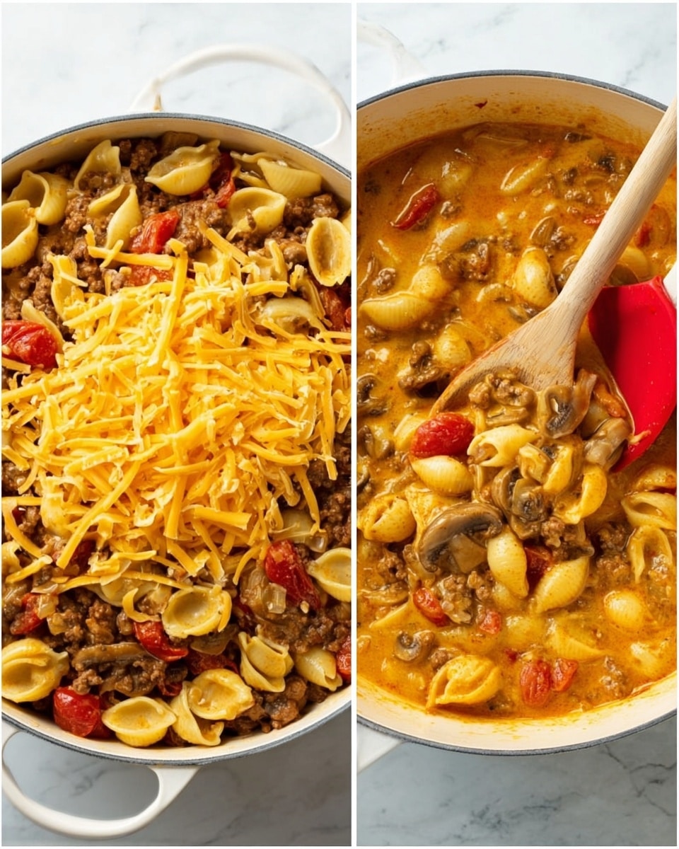The image shows two round white pots on a white marbled surface. The left pot is filled with a layer of cooked pasta shells mixed with visible browned ground meat and pieces of red tomato. A thick layer of shredded yellow cheddar cheese covers the top, with a white spoon and a red silicone spatula partially submerged on the right side. The right pot shows the cooked dish after being stirred, revealing a creamy orange sauce coating pasta shells, browned ground meat, slices of mushrooms, and chunks of red tomato. A wooden spoon is resting in the pot, partially lifting some of the creamy mixture. Both pots are filled almost to the top and placed side by side. Photo taken with an iphone --ar 4:5 --v 7