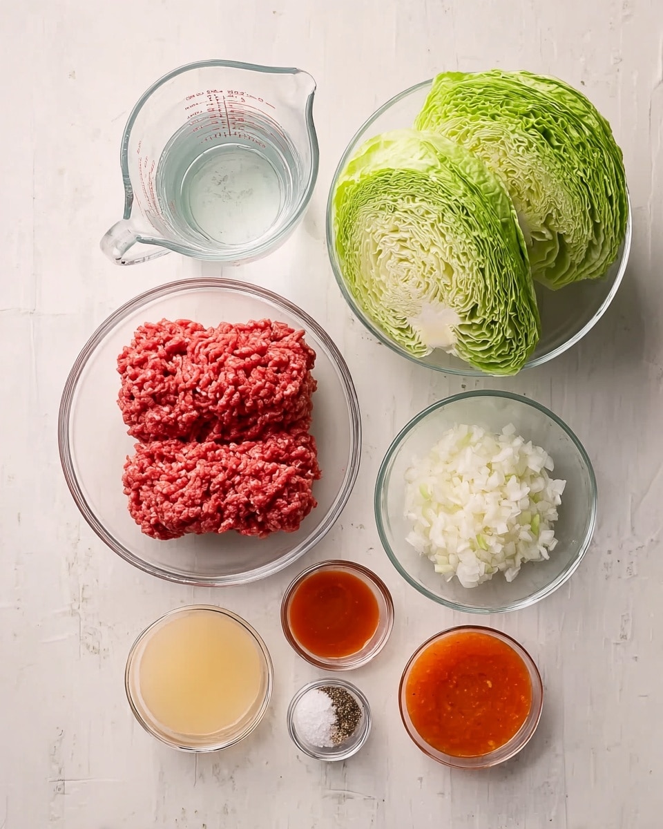 A top view of clear glass bowls on a white marbled surface showing raw cooking ingredients for a dish. The largest bowl on the left holds two layers of red raw ground meat tightly packed with visible texture. Above it is a measuring cup with clear water. To the right, a clear bowl has 4 bright green cabbage leaves arranged neatly. Next are smaller glass bowls holding chopped white onion, white uncooked rice, a light orange liquid, and two thick sauces in shades of red and orange. Two tiny glass bowls contain white salt and black pepper. The arrangement is simple and clean with even spacing between bowls. photo taken with an iphone --ar 4:5 --v 7
