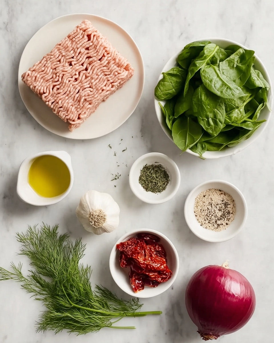The image shows a top view of various fresh ingredients arranged on a white marbled surface. At the top left, there is a rectangular block of light pink raw ground meat placed on a white plate. To the right, a small white bowl holds fresh green spinach leaves with a smooth texture. Near the top right, a small white bowl contains coarse salt and black pepper mixed. Below the meat, on the left side, there is a white bowl filled with golden yellow olive oil. Next to it is a whole garlic bulb with white skin. Below the garlic, a small white dish holds dried green herbs. On the bottom left, a bunch of fresh green dill with feathery leaves is lying flat. Near the bottom center, another white bowl contains sun-dried red tomatoes. On the bottom right, a whole round red onion with smooth shiny skin is placed. All items are evenly spaced and clearly visible, with soft natural lighting highlighting the fresh textures of the ingredients. Photo taken with an iphone --ar 4:5 --v 7