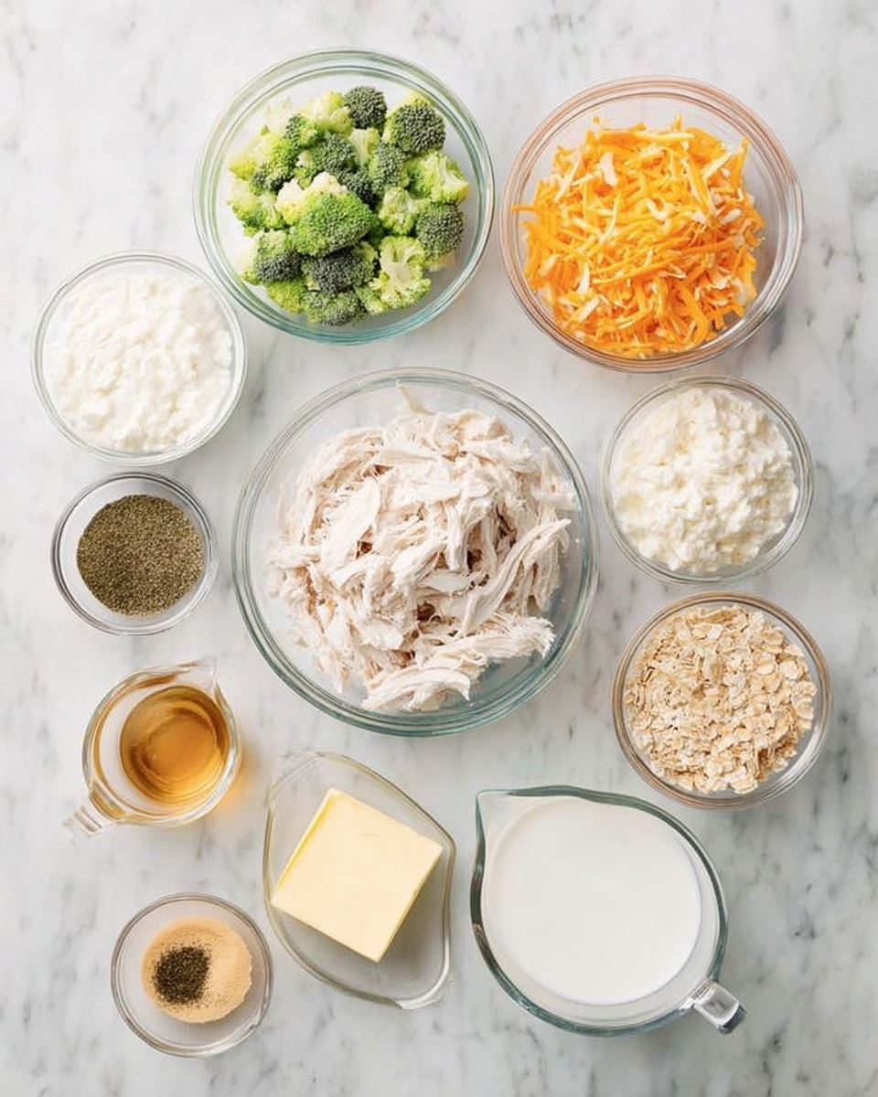 A top-down view of nine clear glass bowls and one clear glass measuring cup arranged on a white marbled surface. In the center is a bowl filled with shredded white chicken. Surrounding it clockwise are finely chopped light green broccoli florets; thick, white creamy yogurt; shredded orange and white cheeses mixed; a light brown creamy mixture; a measuring cup with light golden liquid; a small bowl with dark green ground pepper; a measuring cup filled with white milk; a bowl containing crushed light golden crumbs, and a small bowl with a square of pale yellow butter. Each bowl shows the texture and color of its contents clearly. Photo taken with an iphone --ar 4:5 --v 7