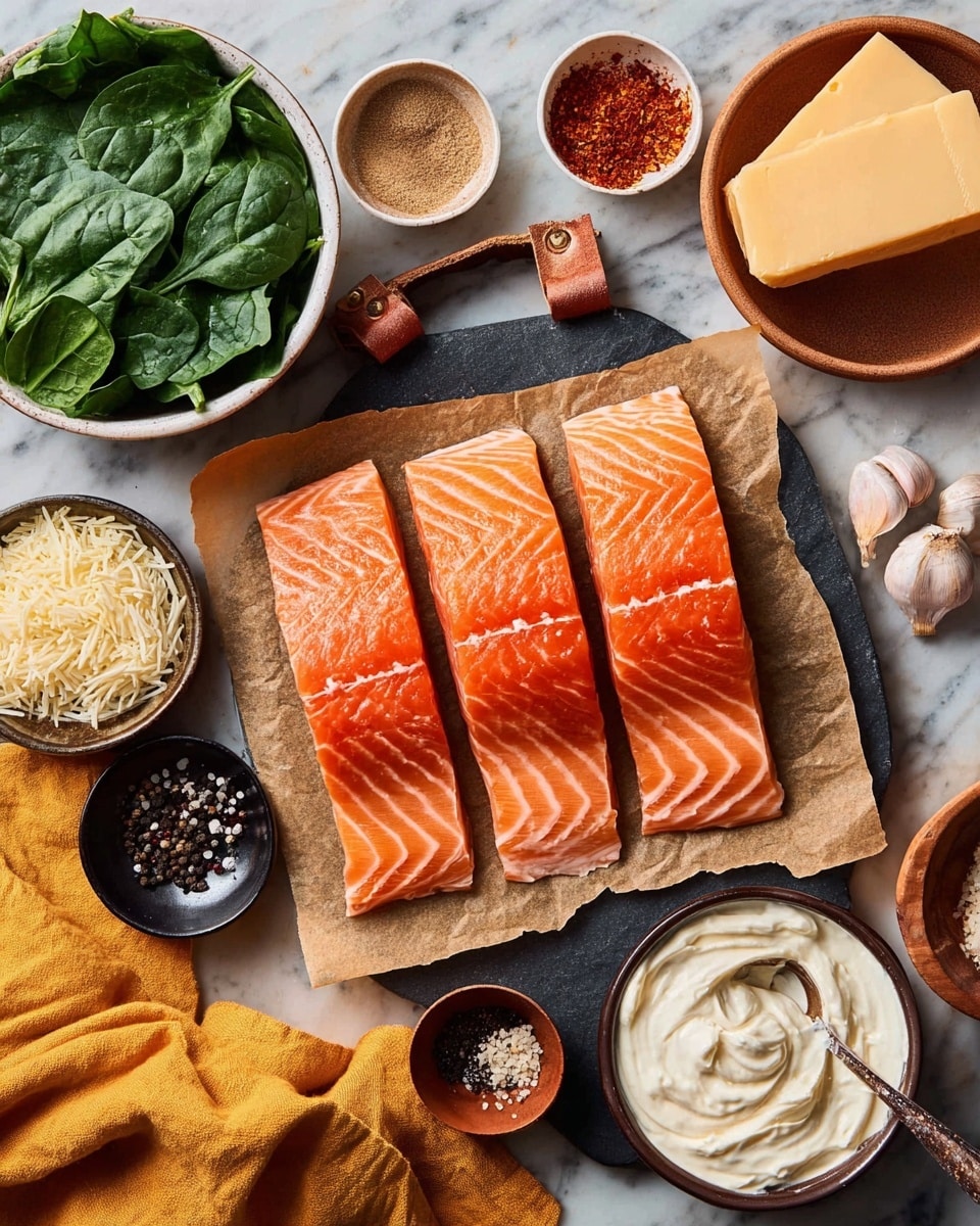 Four raw salmon fillets with bright orange color and white stripes are placed side by side on brown parchment paper over a black cutting board with a leather tie, set on a white marbled surface. Around the salmon, there are several bowls and small containers: a white bowl of green spinach leaves at the top left, a white bowl with grated cheese and a large cheese wedge, two small white bowls with reddish and brown spices, a small black bowl with light beige powder and a wooden spoon, a small black bowl with cracked black pepper, and a terracotta bowl with whole garlic cloves. A white knife with a beige handle rests near the salmon. At the bottom right is a dark bowl filled with white creamy spread with a spoon inside, sitting on a yellow cloth. Photo taken with an iphone --ar 4:5 --v 7