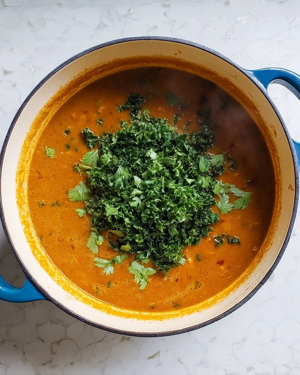 A white enamel pot with blue handles sits on a white marbled surface, filled with a thick orange-brown soup that has a smooth texture with small bits of ingredients mixed in. On top of the soup is a generous pile of dark green shredded kale, spread evenly in the center. Some steam rises softly from the hot soup, adding warmth to the image photo taken with an iphone --ar 4:5 --v 7