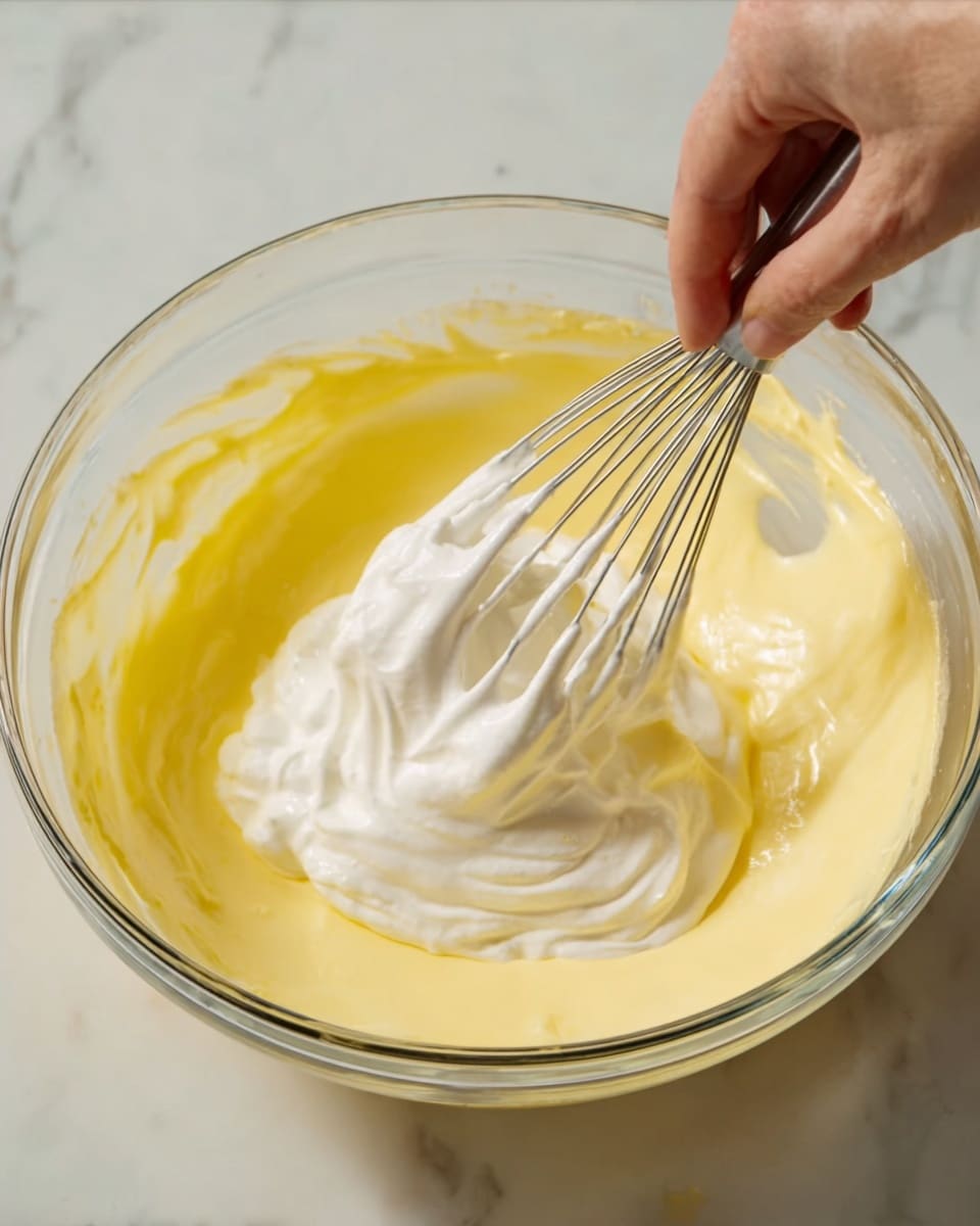 A clear glass bowl sits on a white marbled surface, holding two distinct layers of batter: a smooth, thick yellow layer spread across the bowl's base, and a fluffy white layer being mixed in with a metal whisk. The texture contrast between the dense yellow batter and the airy white foam is clear, and a woman's hand is gently holding the bowl steady as the whisk blends the layers together. The lighting softly highlights the creamy textures inside the bowl. Photo taken with an iphone --ar 4:5 --v 7
