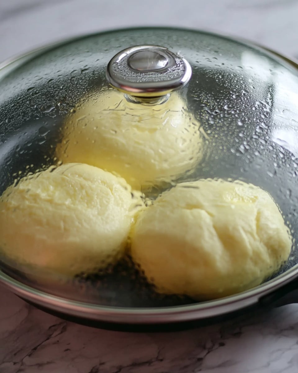 The image shows three pale yellow dough rounds cooking under a clear glass lid with small water droplets on it. The dough pieces have a smooth, soft texture with slight bubbling on the surface, and they sit close together on a flat, dark pan. The background is a white marbled texture. photo taken with an iphone --ar 4:5 --v 7