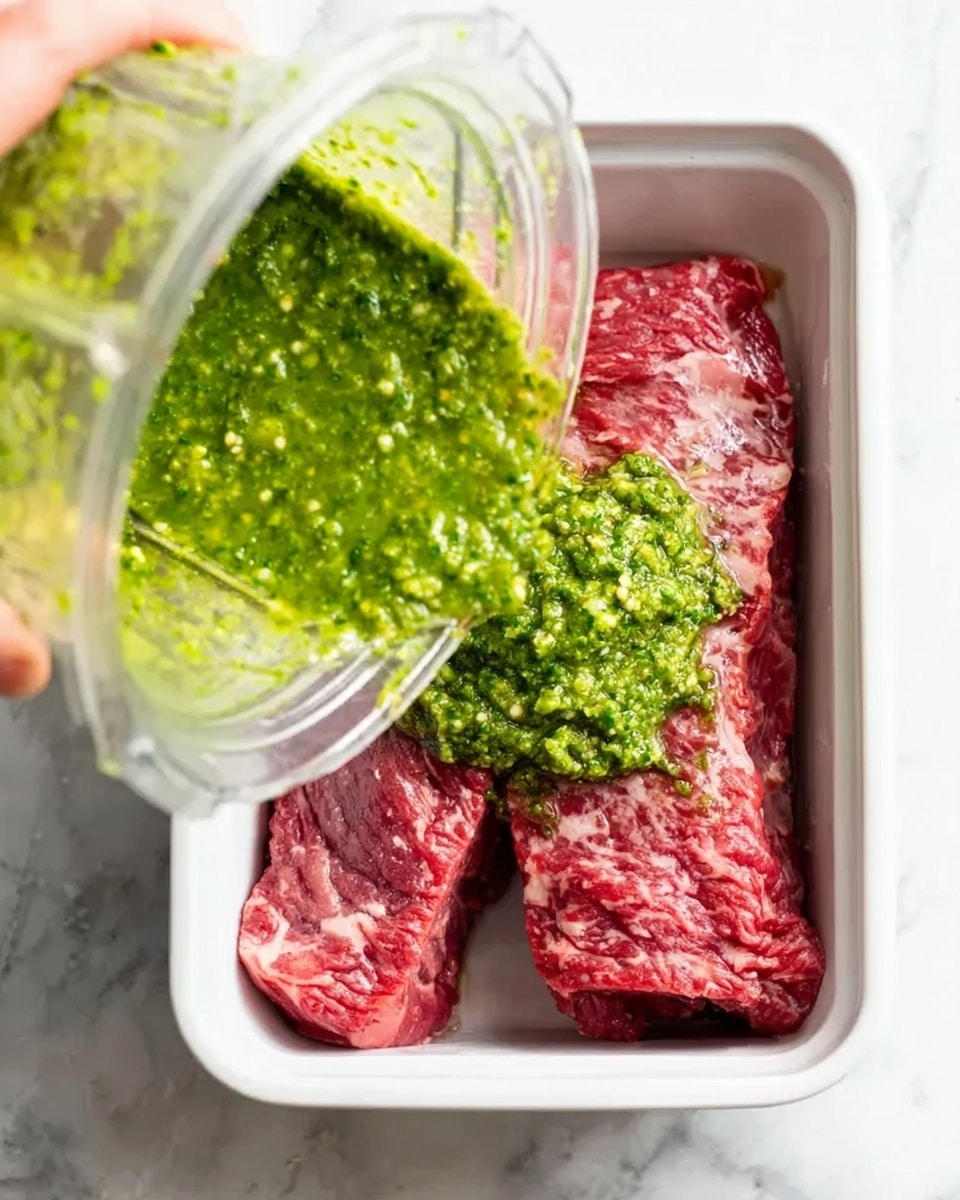 The image shows a white rectangular dish with two raw red meat slabs placed flat inside. Above the meat, a transparent blender jar is tilted, pouring thick, bright green sauce over the top center of the meat. The meat has some marbling and texture visible, while the sauce looks coarse and slightly chunky with small bits. A woman's hand lightly holds the blender jar as the sauce pours down. The background is a white marbled surface. photo taken with an iphone --ar 4:5 --v 7