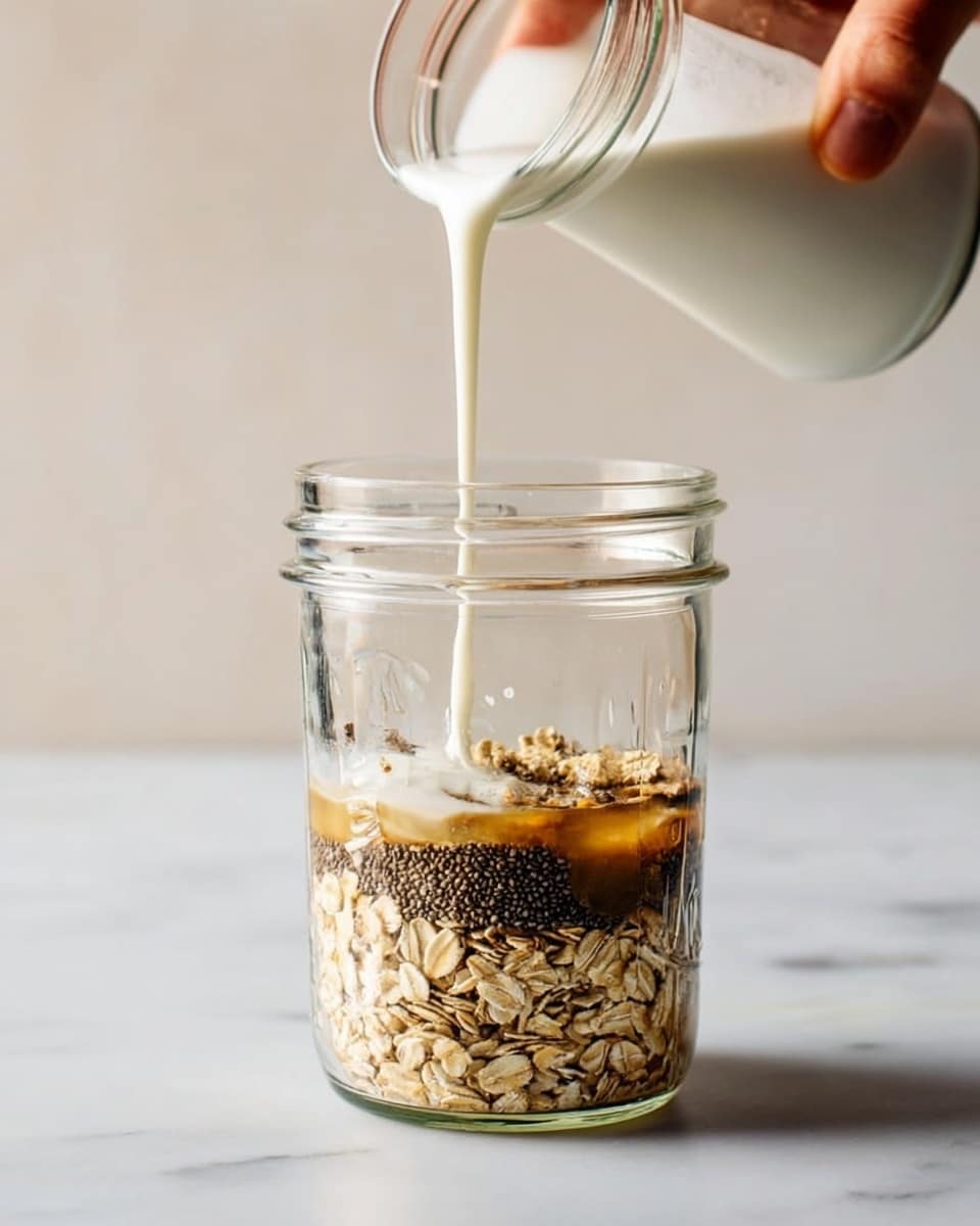 The image shows a clear glass jar on a white marbled surface filled with three visible layers of ingredients. The bottom layer is made of light beige rolled oats with a dry and rough texture. Above the oats is a layer of small, round, black chia seeds, densely packed and contrasting with the oats below. The top layer is a dollop of thick white yogurt or similar creamy texture. From the top center above the jar, golden honey is being poured in a thin stream, creating a shiny, sticky texture that gently lands on the yogurt. The light and clean background highlight the simple, natural colors and textures of the ingredients. Photo taken with an iphone --ar 4:5 --v 7