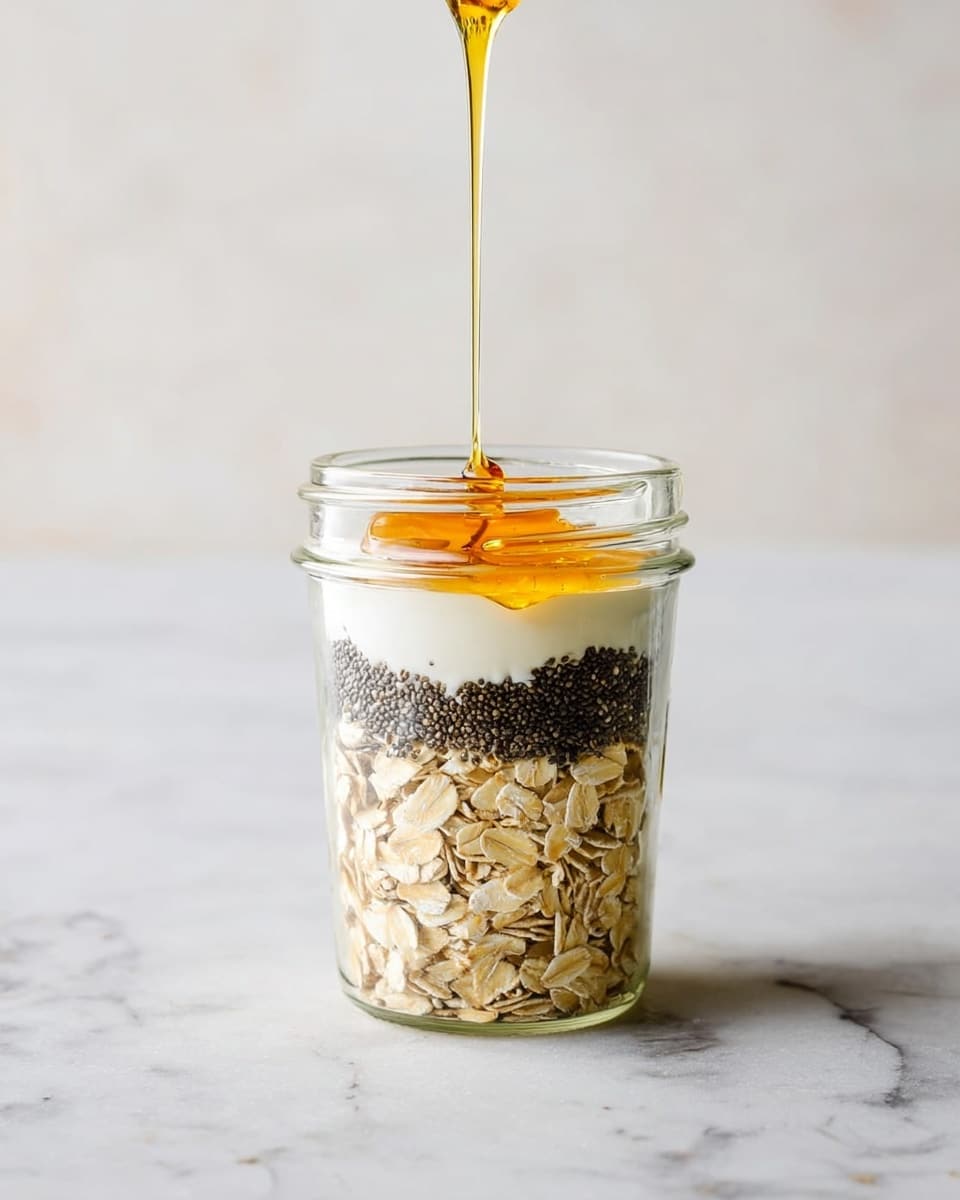 A clear glass jar shows three visible layers: the bottom layer is light brown rolled oats with a dry, rough texture filling about half the jar; above this is a darker, slightly grainy layer of chia seeds covering a thin golden layer beneath it; on top, a smooth white liquid is being poured from a jar held by a woman's hand into the jar, creating a gentle swirl as it mixes with the layers below. The jar is placed on a white marbled surface, with a soft light coming from the left side, highlighting the textures and colors of the ingredients. Photo taken with an iphone --ar 4:5 --v 7