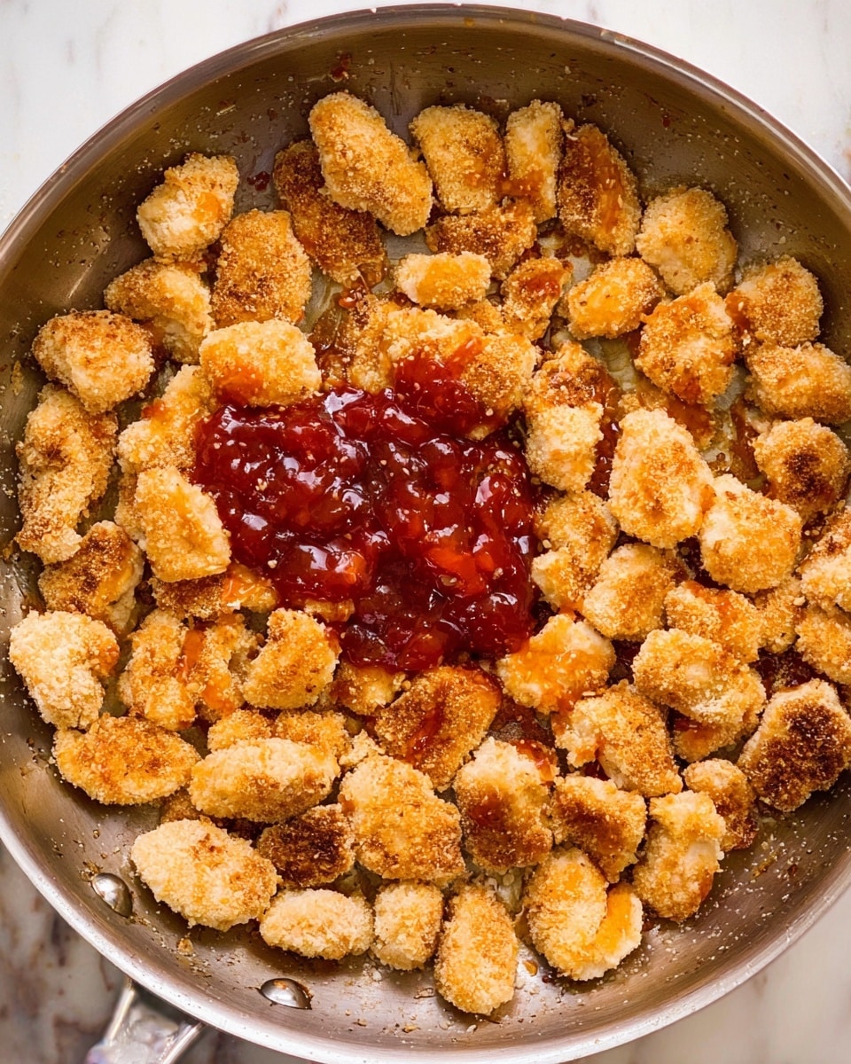 The image shows a metal frying pan filled with many small, golden brown crispy pieces of fried food, likely chicken nuggets or popcorn chicken pieces. In the middle of the pan, there is a dollop of thick, glossy red sauce with some visible chunks, possibly a sweet chili sauce. The food pieces have a crumbly, crunchy texture with uneven browning. The pan is placed on a white marbled surface. photo taken with an iphone --ar 4:5 --v 7