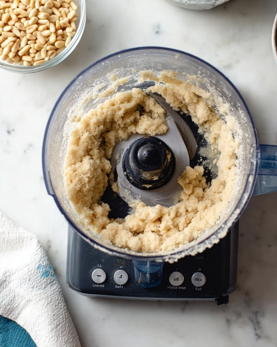 The image shows the inside of a clear food processor bowl filled with a light beige, chunky paste, mostly gathered along the sides with some in the center near the black chopping blade. The texture looks soft but thick. The food processor base is dark-colored with visible controls labeled High, Low, and Pulse, sitting on a white marbled surface. To the left, there is a small clear bowl filled with pale pine nuts and part of a white towel with a blue stripe. Photo taken with an iphone --ar 4:5 --v 7