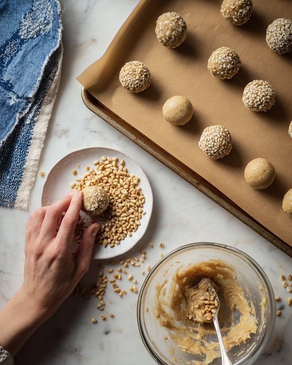 The image shows a top view of a white marbled surface with three main areas: at the top right, a baking sheet lined with brown parchment paper holds several round dough balls, some plain light beige and some coated fully in pine nuts. At the bottom left, a woman's hand is rolling one pine nut-coated ball above a small white plate filled with more pine nuts. To the right of that, there is a clear glass bowl containing a sticky light beige dough mixture with a spoon resting inside. A blue and white cloth lies partially off to the side on the white marbled surface. The photo has soft natural light. photo taken with an iphone --ar 4:5 --v 7