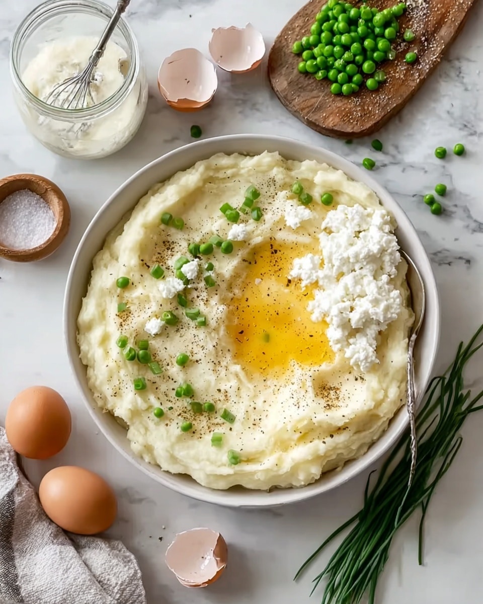 A white bowl is filled with a thick layer of creamy mashed potatoes that cover the whole bottom. On the right side of the bowl, there is a dollop of white cottage cheese topped with small green chive pieces scattered over it. In the center of the mashed potatoes, there is a bright yellow butter or sauce pool with a sprinkle of black pepper over it. Around the bowl, there are broken eggshells on the white marbled surface, along with a wooden spoon holding a mix of salt and pepper. To the left, a glass jar with a white creamy sauce and a whisk on a small wooden board hold fresh green peas. Fresh green chives lie loosely on the white marbled surface near the bottom right. Photo taken with an iphone --ar 4:5 --v 7